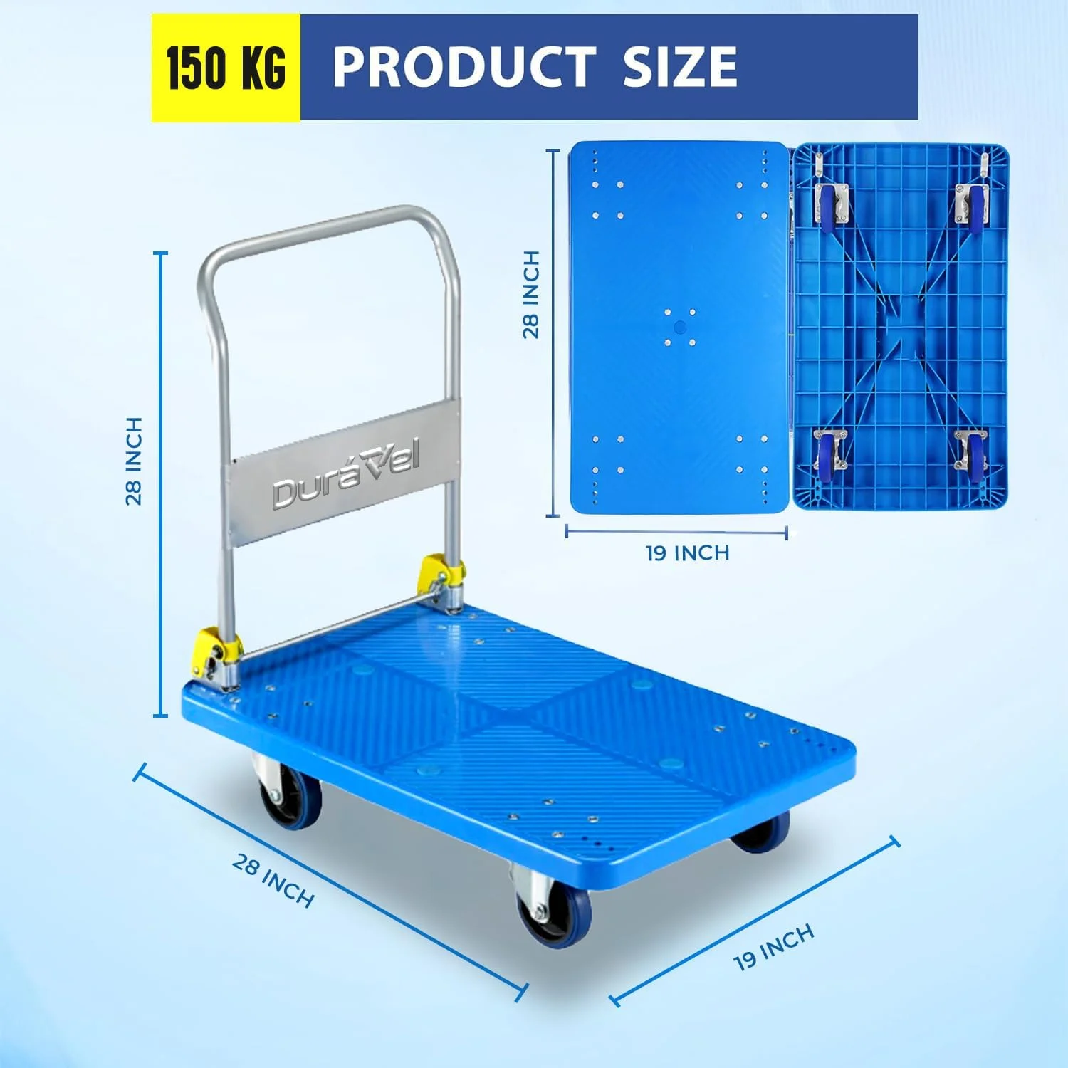 ترولی سکوی دوراول، دسته تاشو مقاوم، چرخ دستی با چرخ های گردان 360 درجه | واگن صنعتی مقاوم و متحرک برای مصارف خانگی، انبار و اداری (ظرفیت - 150 کیلوگرم)