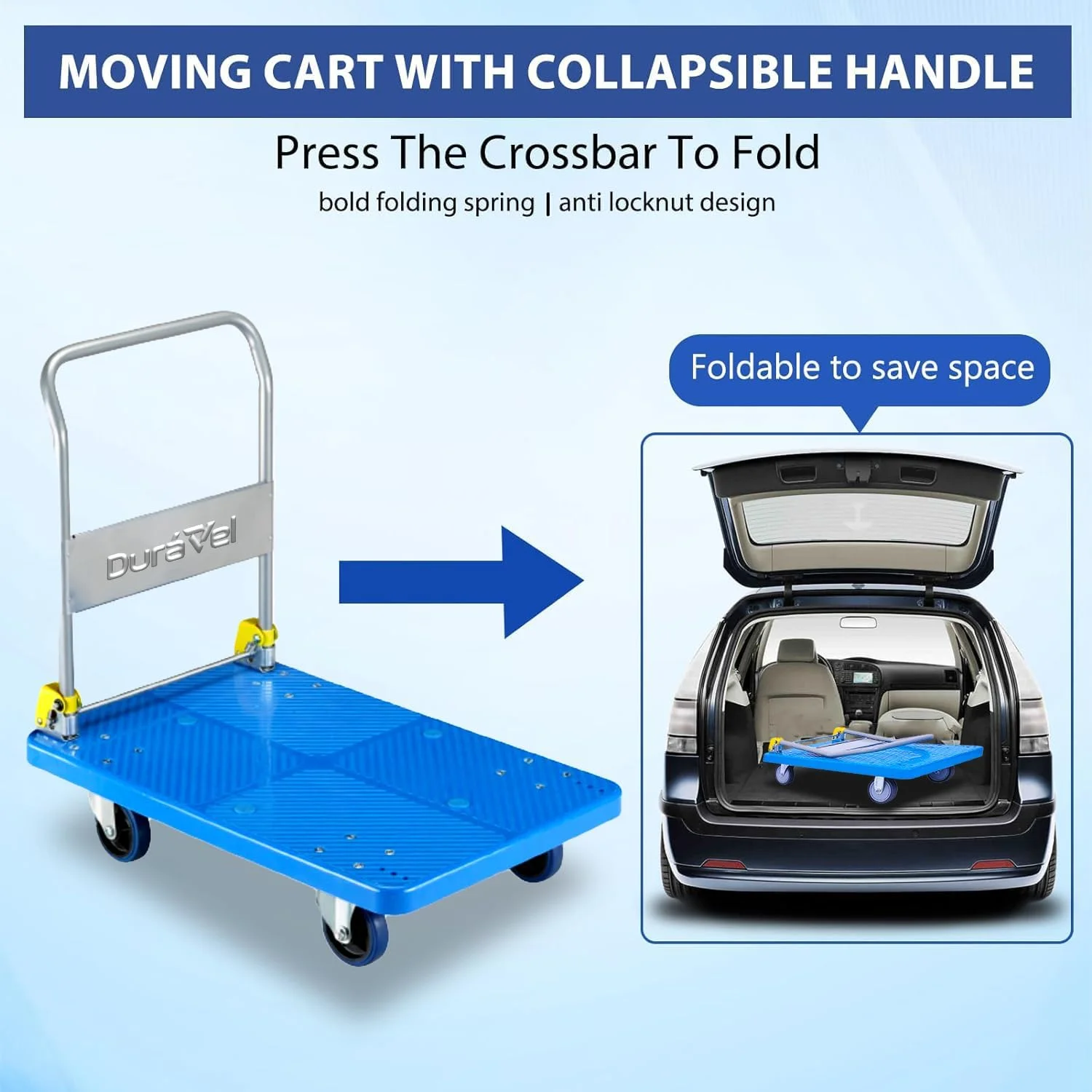 ترولی سکوی دوراول، دسته تاشو مقاوم، چرخ دستی با چرخ های گردان 360 درجه | واگن صنعتی مقاوم و متحرک برای مصارف خانگی، انبار و اداری (ظرفیت - 150 کیلوگرم)