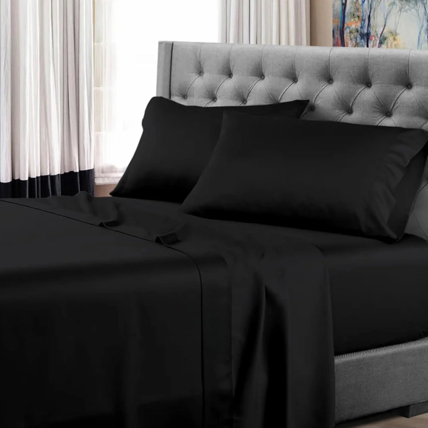 ست ملحفه 6 تکه با کیفیت عالی برای اتاق خواب و تزئین خوابگاه | ست ملحفه با کیفیت هتل سایز کوئین شامل 1 ملحفه کش دار، 1 ملحفه تخت و 4 روبالشی | ست ملحفه 100% پنبه (مشکی)