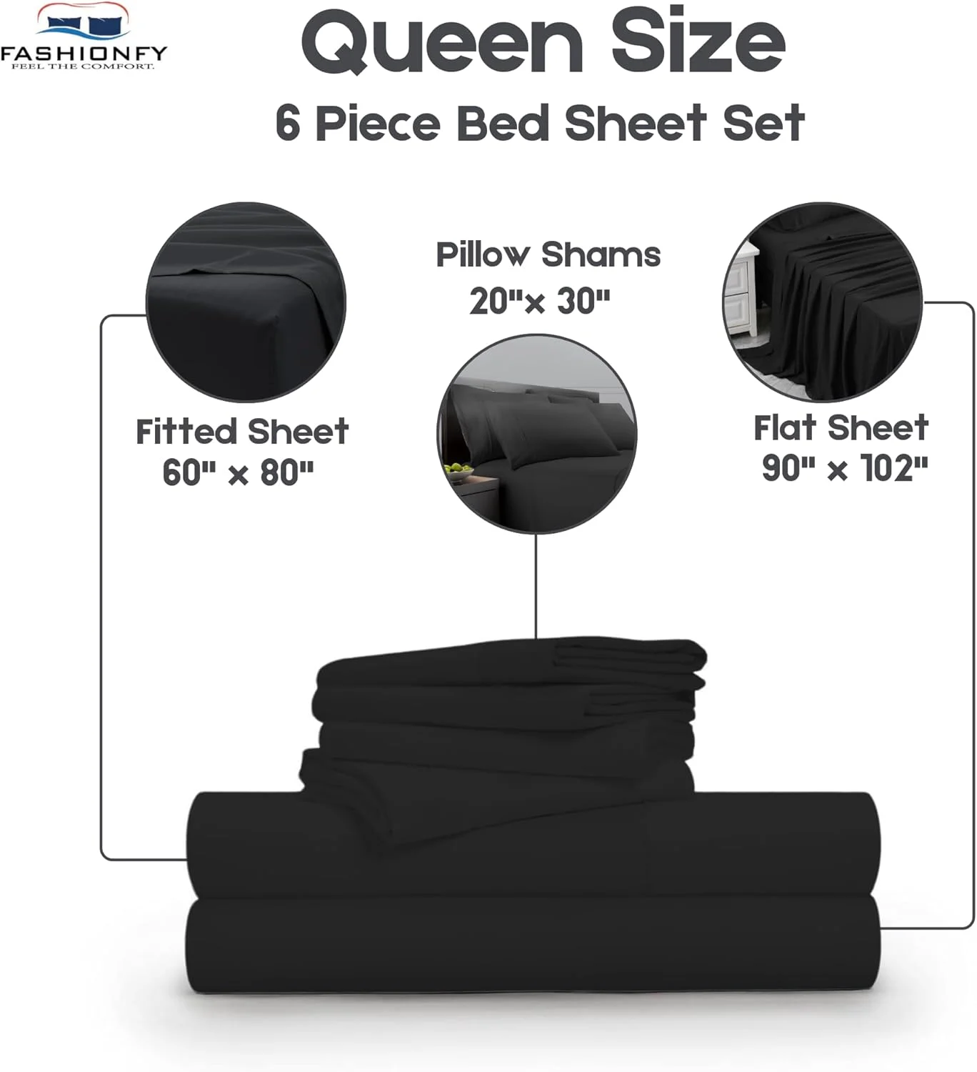 ست ملحفه 6 تکه با کیفیت عالی برای اتاق خواب و تزئین خوابگاه | ست ملحفه با کیفیت هتل سایز کوئین شامل 1 ملحفه کش دار، 1 ملحفه تخت و 4 روبالشی | ست ملحفه 100% پنبه (مشکی)