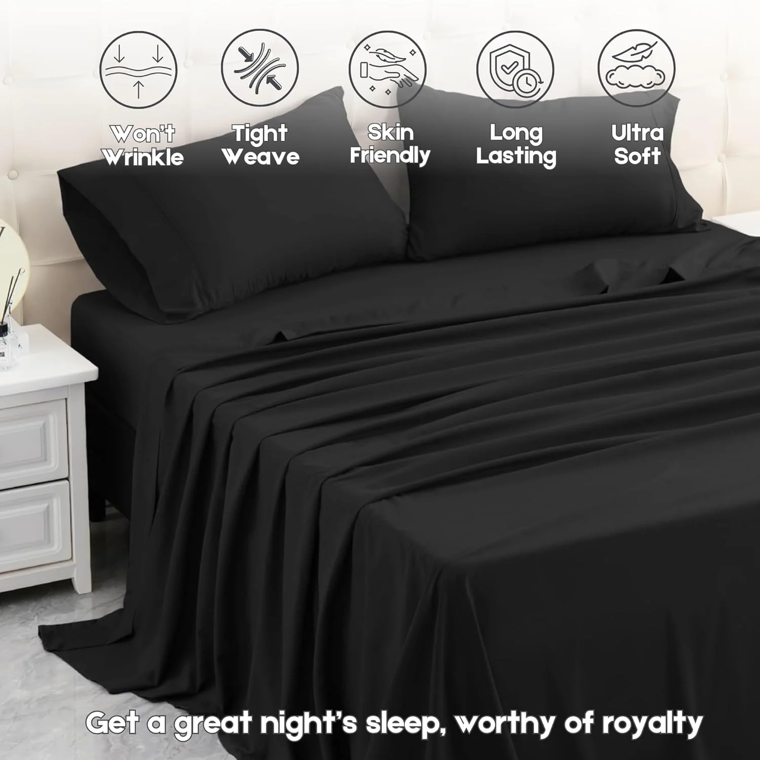 ست ملحفه 6 تکه با کیفیت عالی برای اتاق خواب و تزئین خوابگاه | ست ملحفه با کیفیت هتل سایز کوئین شامل 1 ملحفه کش دار، 1 ملحفه تخت و 4 روبالشی | ست ملحفه 100% پنبه (مشکی)