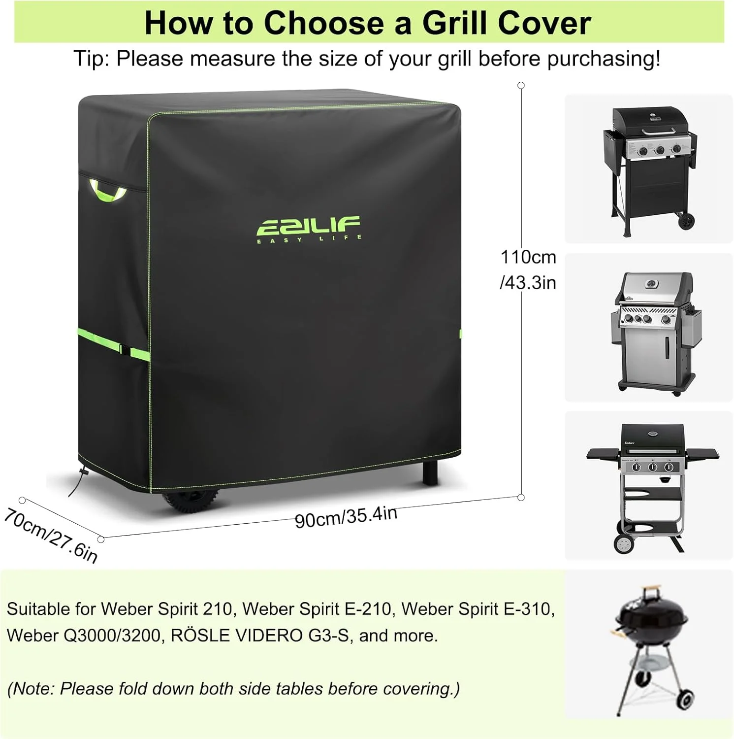 روکش باربیکیو Ezilif، روکش ضدآب باربیکیو آکسفورد 420D ضخیم و بزرگ با سگک ضد باد و دسته بازتابنده، مقاوم در برابر اشعه ماوراء بنفش و پارگی مناسب برای Weber، Char Broil، Nexgrill (ابعاد 90x70x110 سانتی متر)