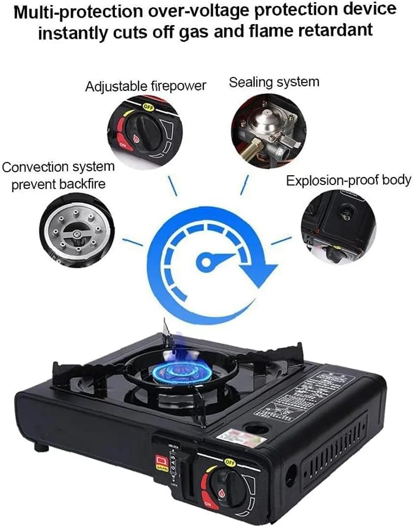 اجاق گاز کمپینگ با فندک اتوماتیک GO2CAMPS به همراه ۴ کپسول گاز بوتان - اجاق گاز سفری قابل حمل با کیفیت بالا به همراه کیف نگهداری، ایده آل برای کمپینگ، پیک نیک، مسافرت، پیاده روی و آشپزی در فضای باز