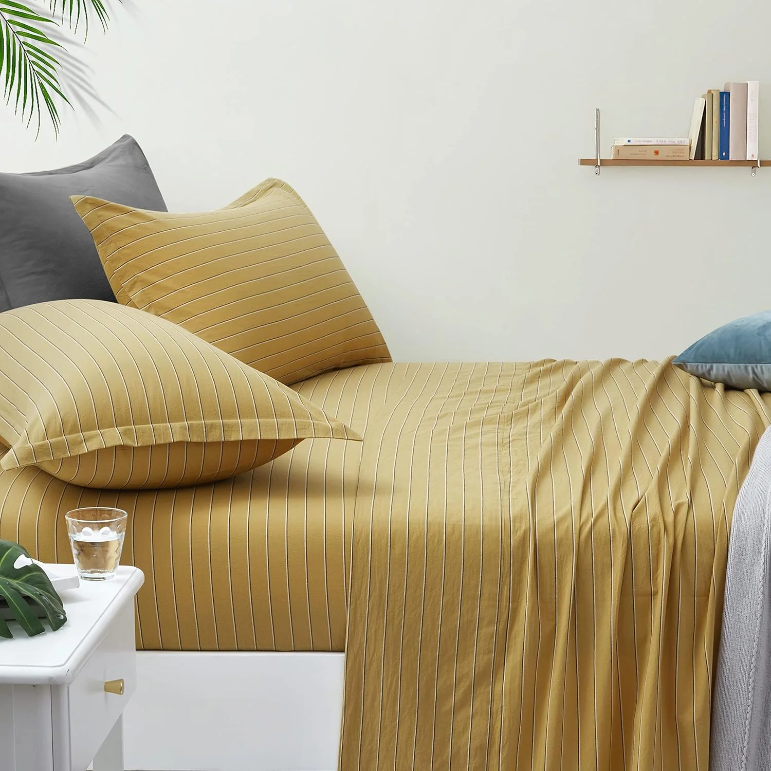 ست ملحفه کش دار نخی شسته شده راه راه رترو ایکی، سبک مدرن اواسط قرن، ست رختخواب راه راه سوزنی، حس نرم و راحت، ظاهر چروک طبیعی (زرد خردلی، کینگ)