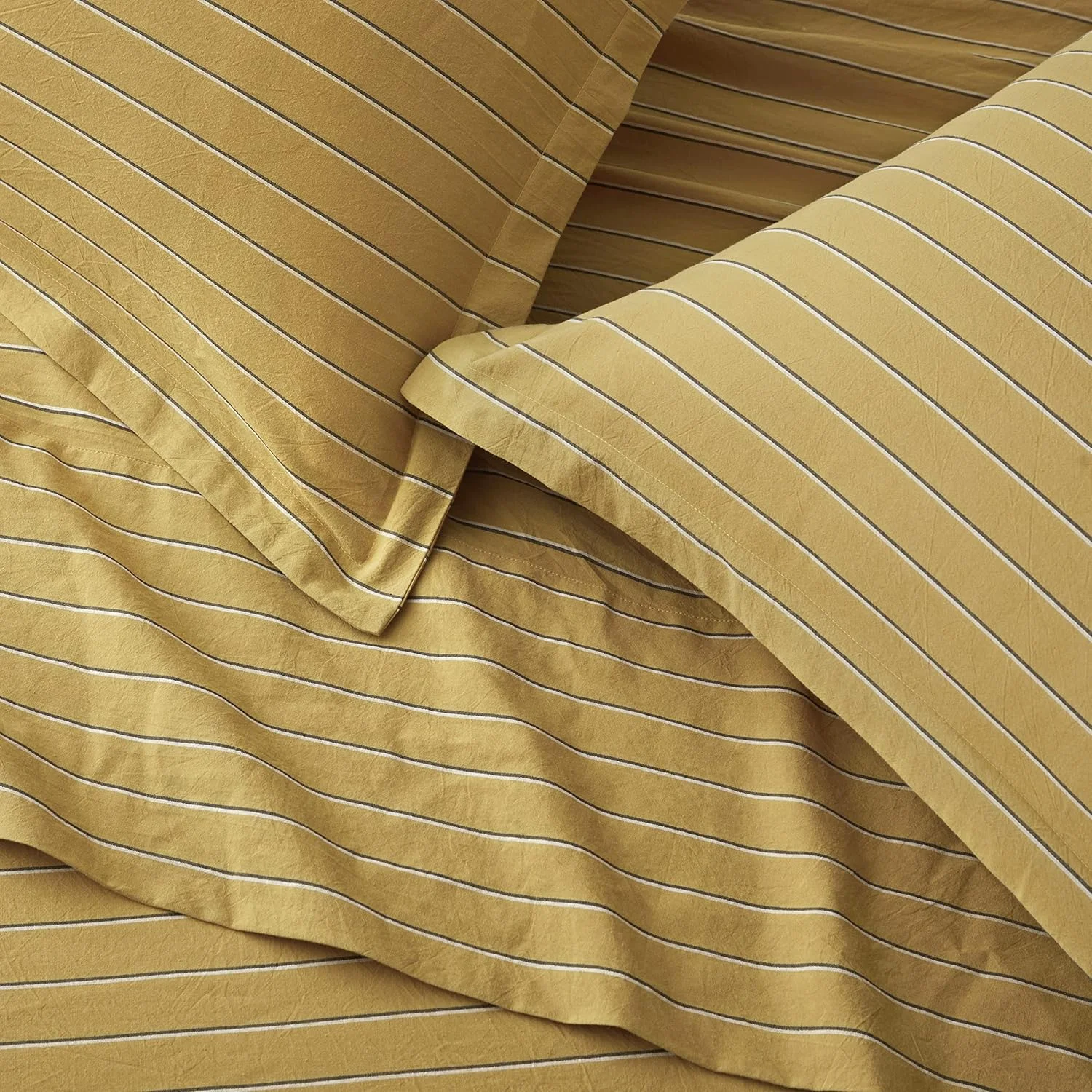 ست ملحفه کش دار نخی شسته شده راه راه رترو ایکی، سبک مدرن اواسط قرن، ست رختخواب راه راه سوزنی، حس نرم و راحت، ظاهر چروک طبیعی (زرد خردلی، کینگ)