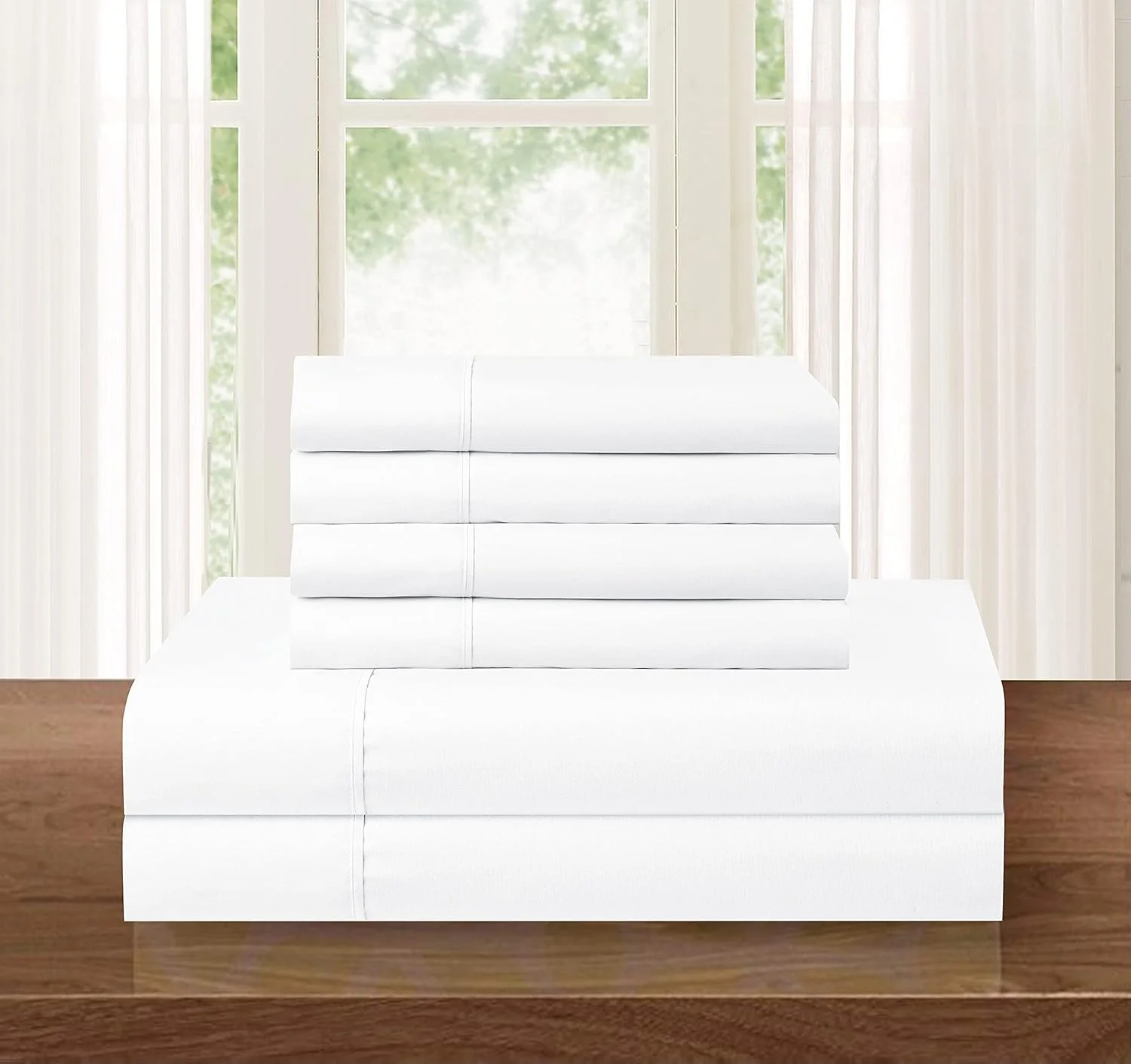 ست ملحفه 6 تکه نرم و لطیف با کیفیت هتل، مقاوم در برابر چروک و رنگ رفتگی، ملحفه کش دار با کش دور تا دور، جیب عمیق، کینگ، سفید