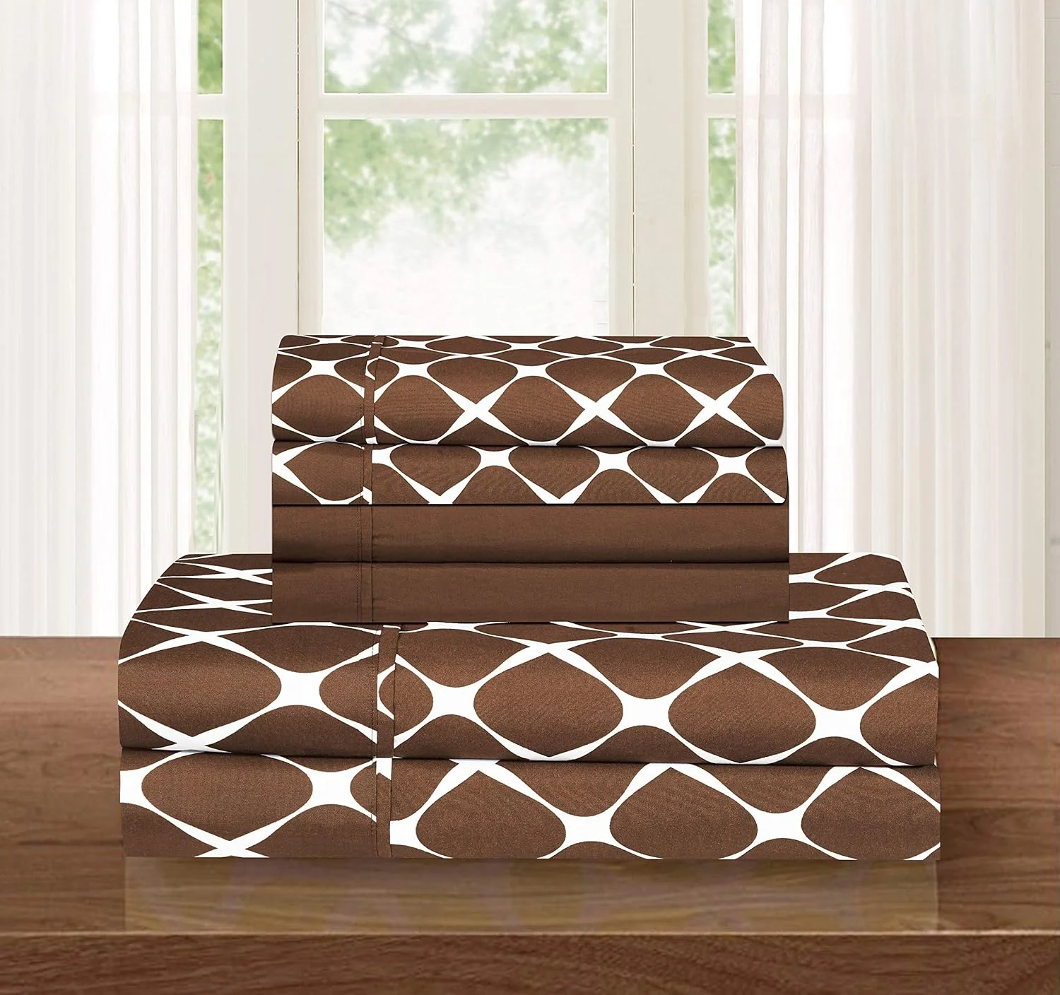 ست ملحفه 6 تکه بسیار نرم و راحت با طرح توری میلانو مقاوم در برابر چروک، کیفیت میکروفیبر مصری 1500، کالیفرنیا کینگ، قهوه ای شکلاتی