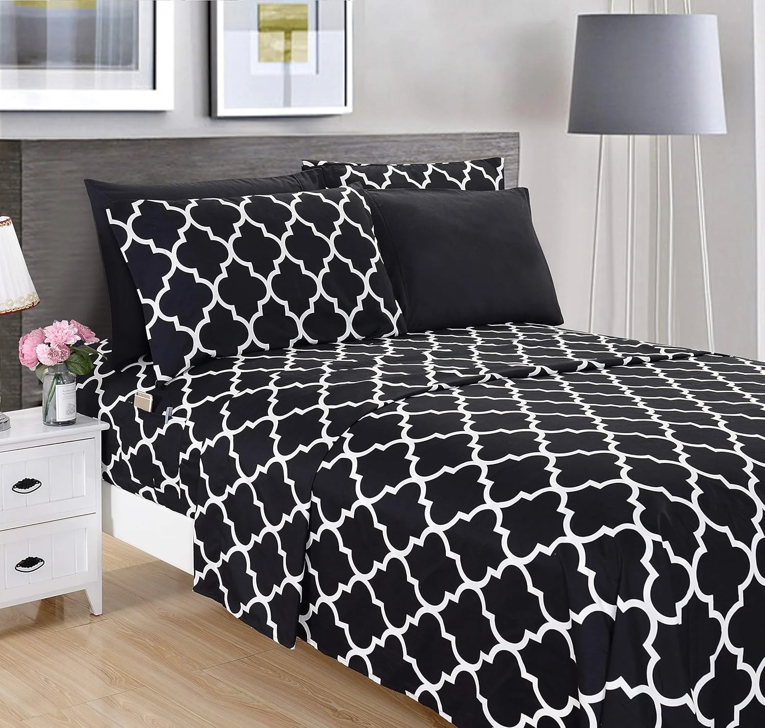 ست ملحفه 6 تکه طرح شبدری چهار برگ با جیب عمیق، نرم و لطیف، مقاوم در برابر چروک، سایز کینگ، مشکی