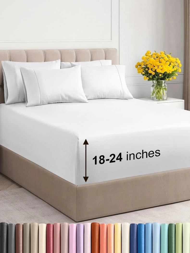 ست ملحفه 6 تکه سایز کوئین با عمق زیاد - خنک و تنفسی - ملحفه های لوکس هتلی - نصب آسان - ملحفه های سفید نرم، بدون چروک و راحت - ست ملحفه با جیب های خیلی عمیق