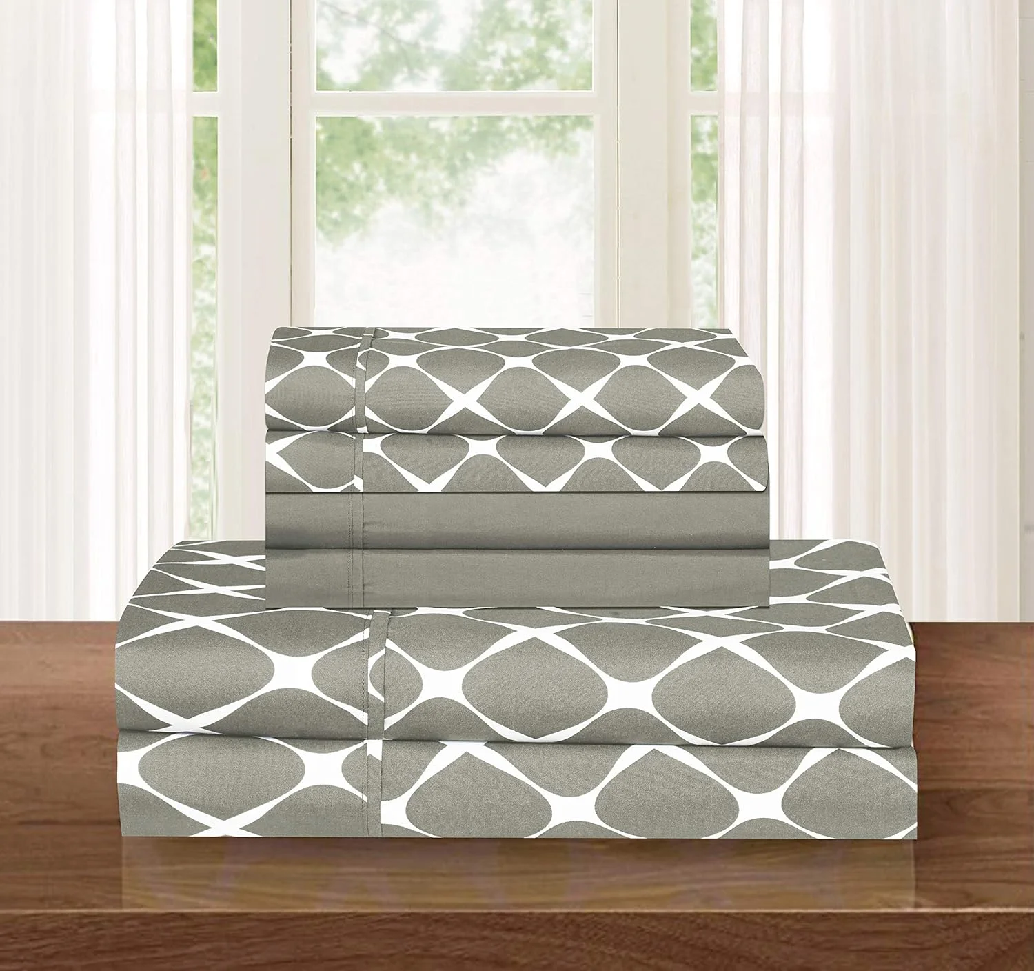 ست ملحفه 6 تکه نرم و راحت لوکس Elegant Comfort، طرح توری میلانو مقاوم در برابر چروک - ست روتختی بسیار راحت با کیفیت مصری، سایز کوئین، خاکستری