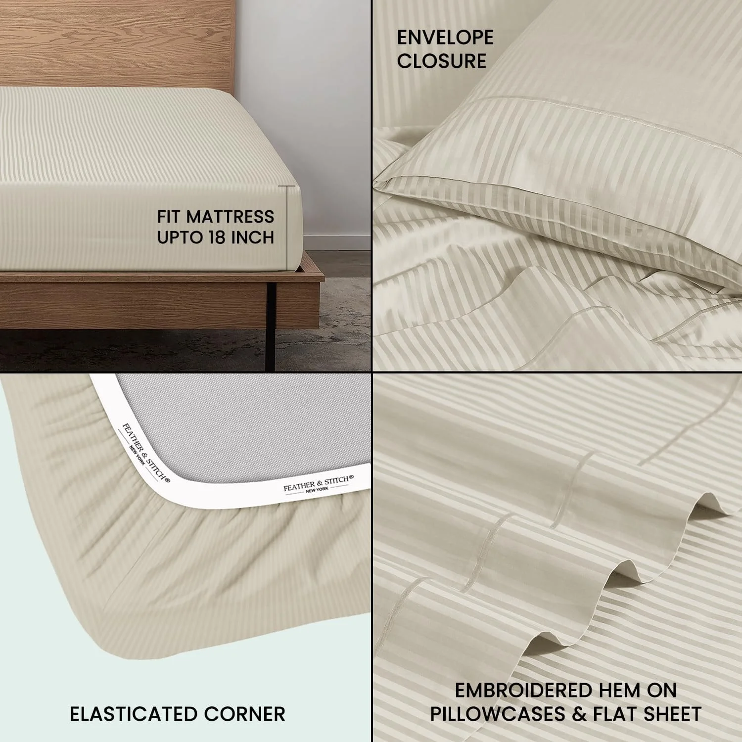 ملحفه های تخت دونفره طرح داماسک Feather & Stitch | ست 4 تکه ملحفه 100% پنبه نرم و تنفسی با عمق 18 اینچ، بافت ساتن 500 نخ، مناسب تشک های هتل های لوکس | بژ ملحفه های تخت دونفره طرح داماسک Feather & Stitch | ست 4 تکه ملحفه 100% پنبه نرم و تنفسی با عمق 18 اینچ، بافت ساتن 500 نخ، مناسب تشک های هتل های لوکس | بژ