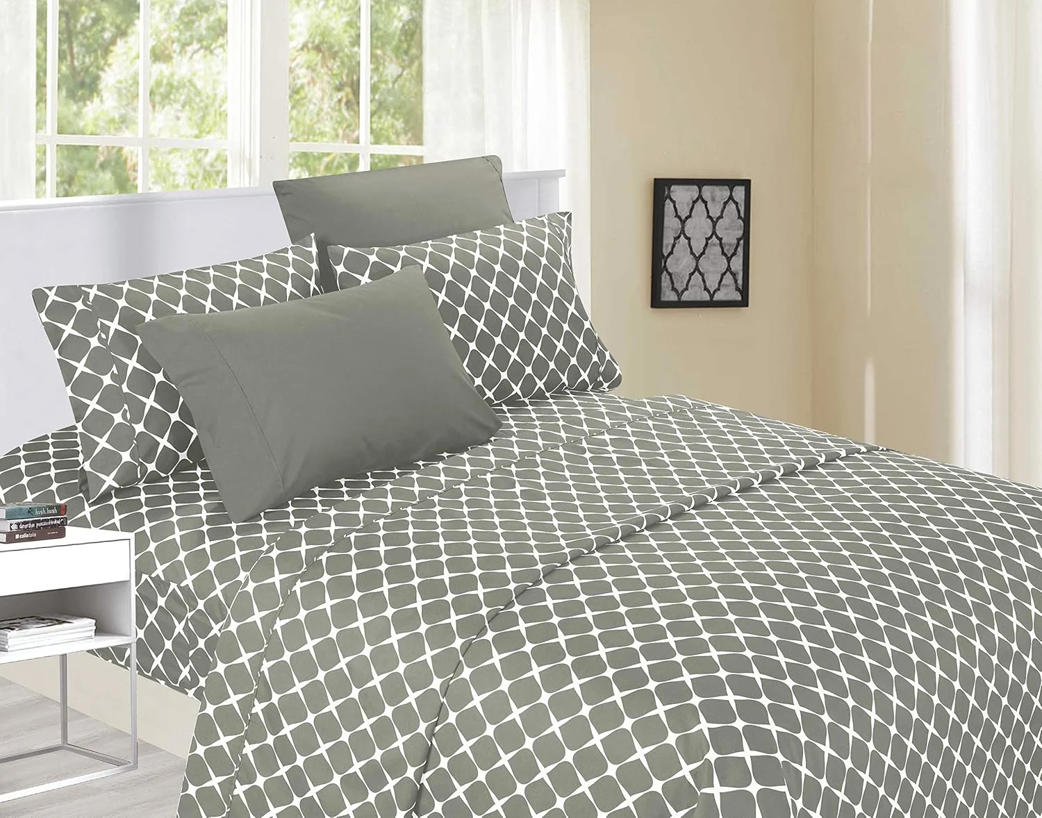 ست ملحفه 6 تکه نرم و راحت لوکس Elegant Comfort، طرح توری میلانو مقاوم در برابر چروک - ست روتختی بسیار راحت با کیفیت مصری، سایز کوئین، خاکستری