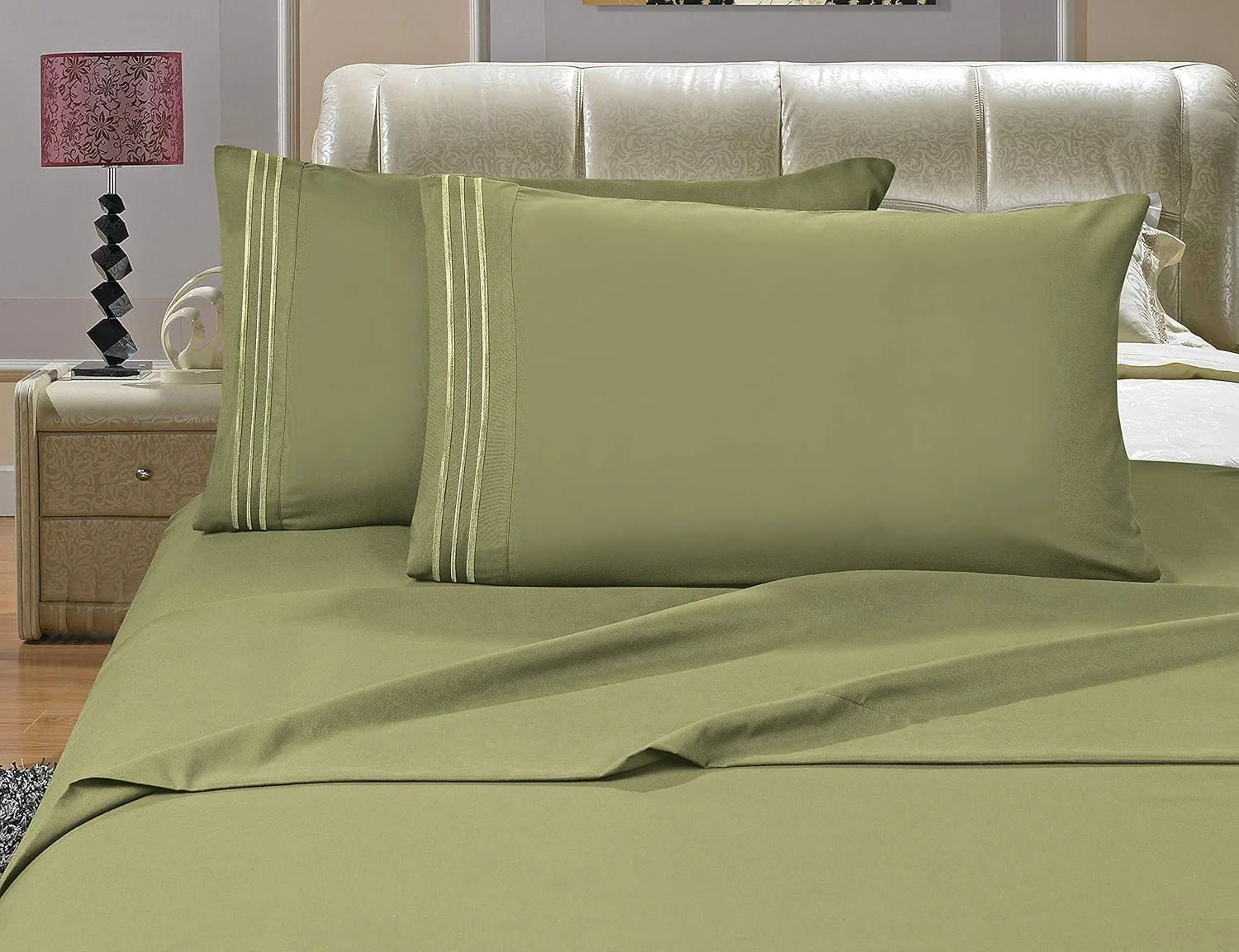 ست ملحفه تخت خواب 4 تکه، سایز کینگ، رنگ سبز/مریم گلی، مقاوم در برابر چروک، محو شدن و لکه