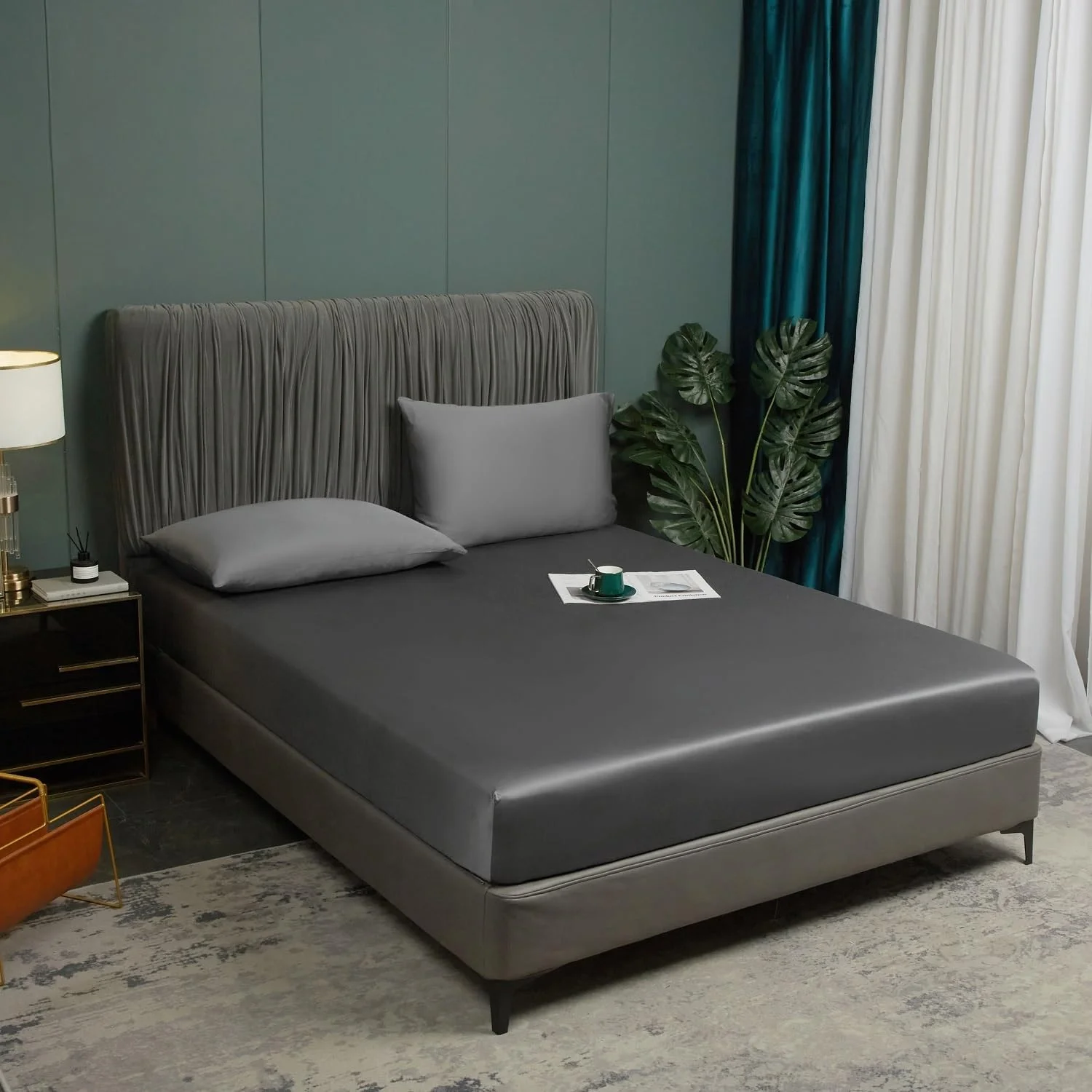 ملحفه کش دار 180 x 200 سانتی متر بامبو، ملحفه خنک کننده خاکستری تیره، ملحفه کش دار 100% بامبو 180 x 200 سانتی متر، ملحفه ساده تخت دو نفره برای تشک های بلند با ارتفاع 25-30 سانتی متر