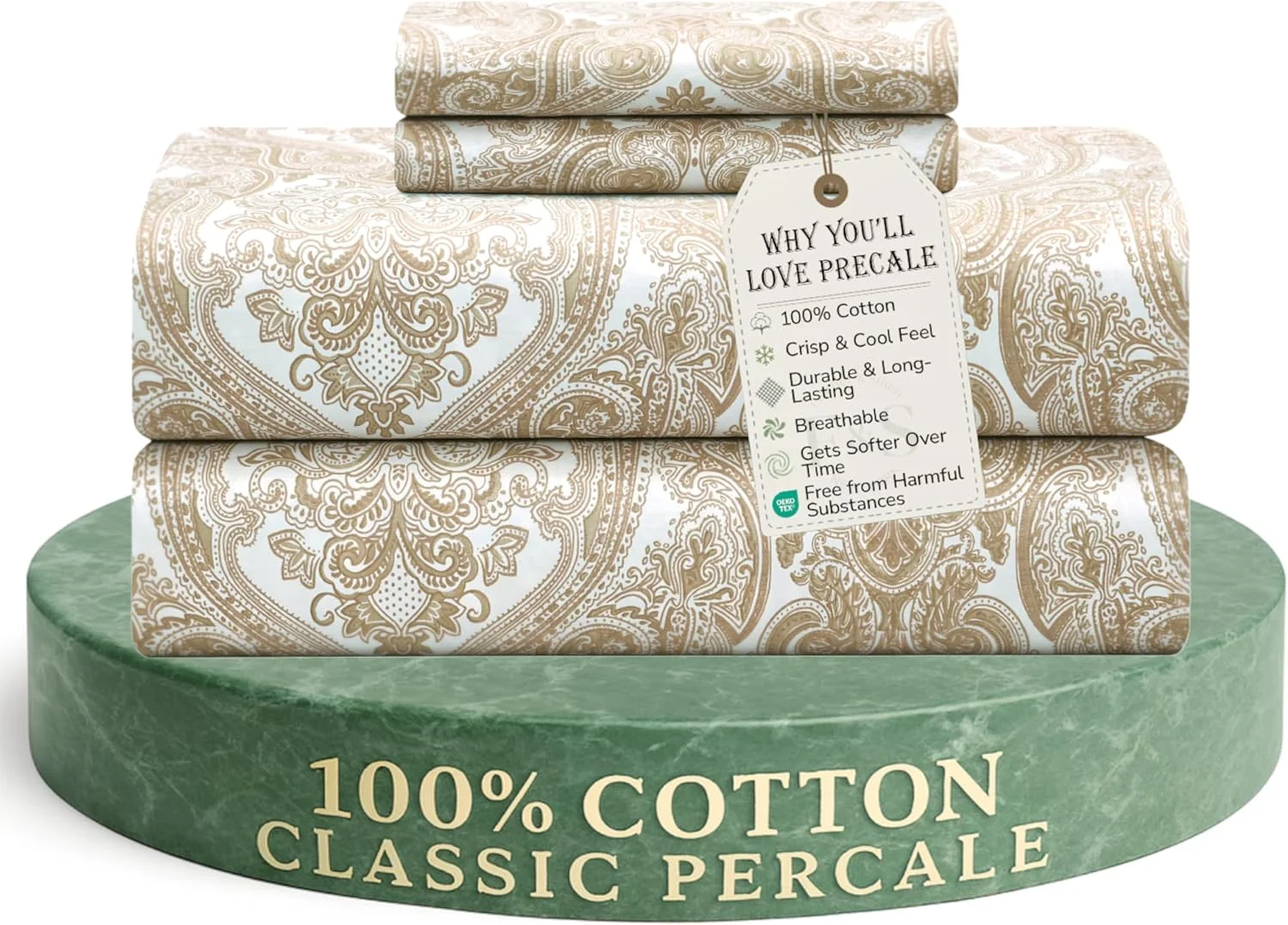 ست ملحفه بافته شده پرکال 100% پنبه نیویورک، 4 تکه ملحفه خنک کننده تخت خواب با جیب های عمیق 16 اینچی، ملحفه های لوکس هتل - سایز کامل، طرح بته جقه عاجی