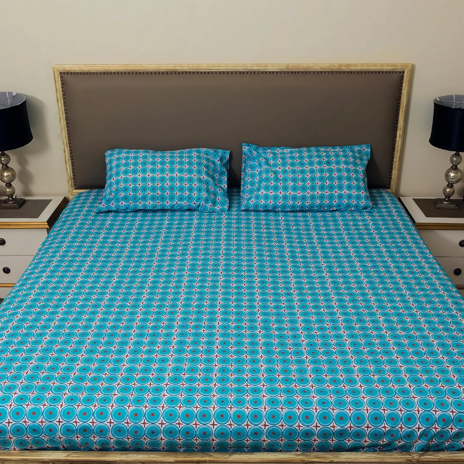 ست ملحفه طرح هندسی، آبی فیروزه‌ای، سایز دو نفره با روبالشتی‌های هماهنگ