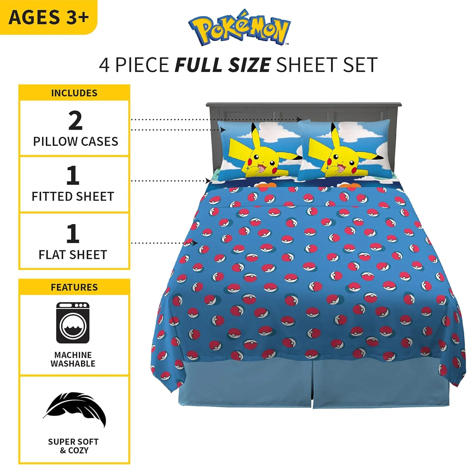 ست ملحفه میکروفایبر فوق العاده نرم کودکانه فرانکو، سایز کامل، پوکمون