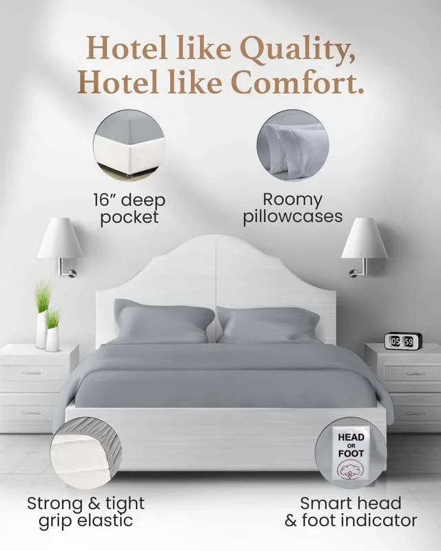 ست ملحفه کینگ سایز 100% پنبه خواب راحت - 4 تکه، جیب عمیق، مناسب تا 16 اینچ، بافت ساتن نرم و تنفس پذیر کینگ سایز لوکس - خاکستری روشن