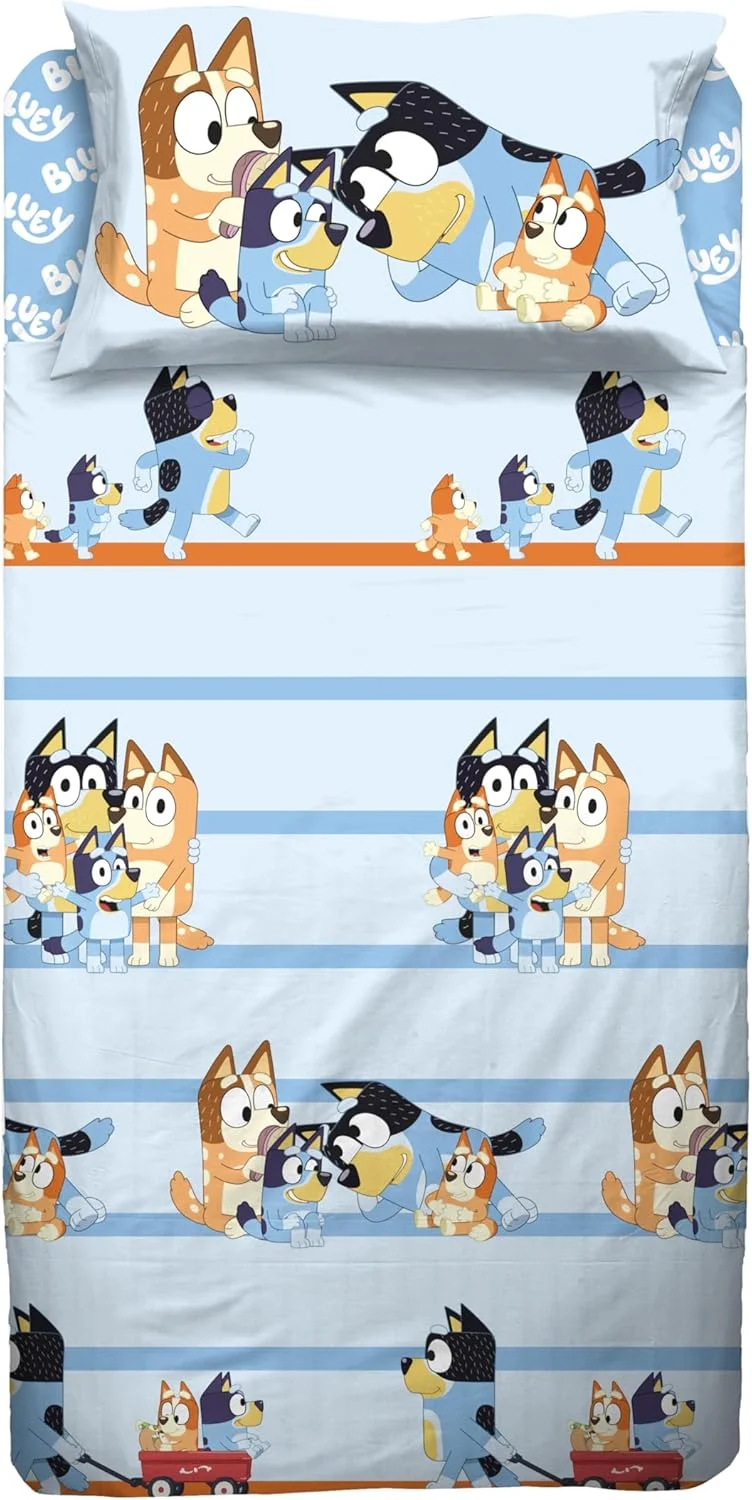 ست ملحفه یک نفره آبی Bluey، شامل ملحفه رو، ملحفه کش‌دار، روبالشتی، 100% پنبه، محصول رسمی