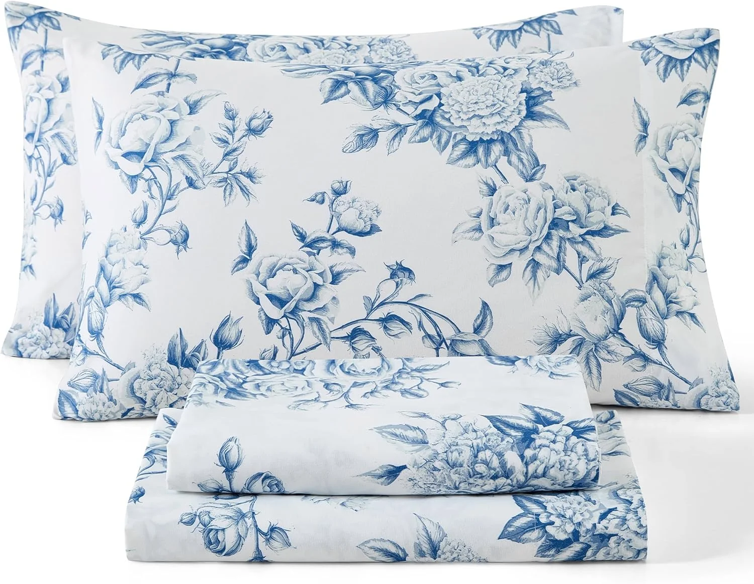 ملحفه های گلدار HLC.ME - ست ملحفه 4 تکه - مقاوم در برابر چروک و فوق العاده نرم - مناسب برای تشک تا عمق 15 اینچ (Queen, آبی)