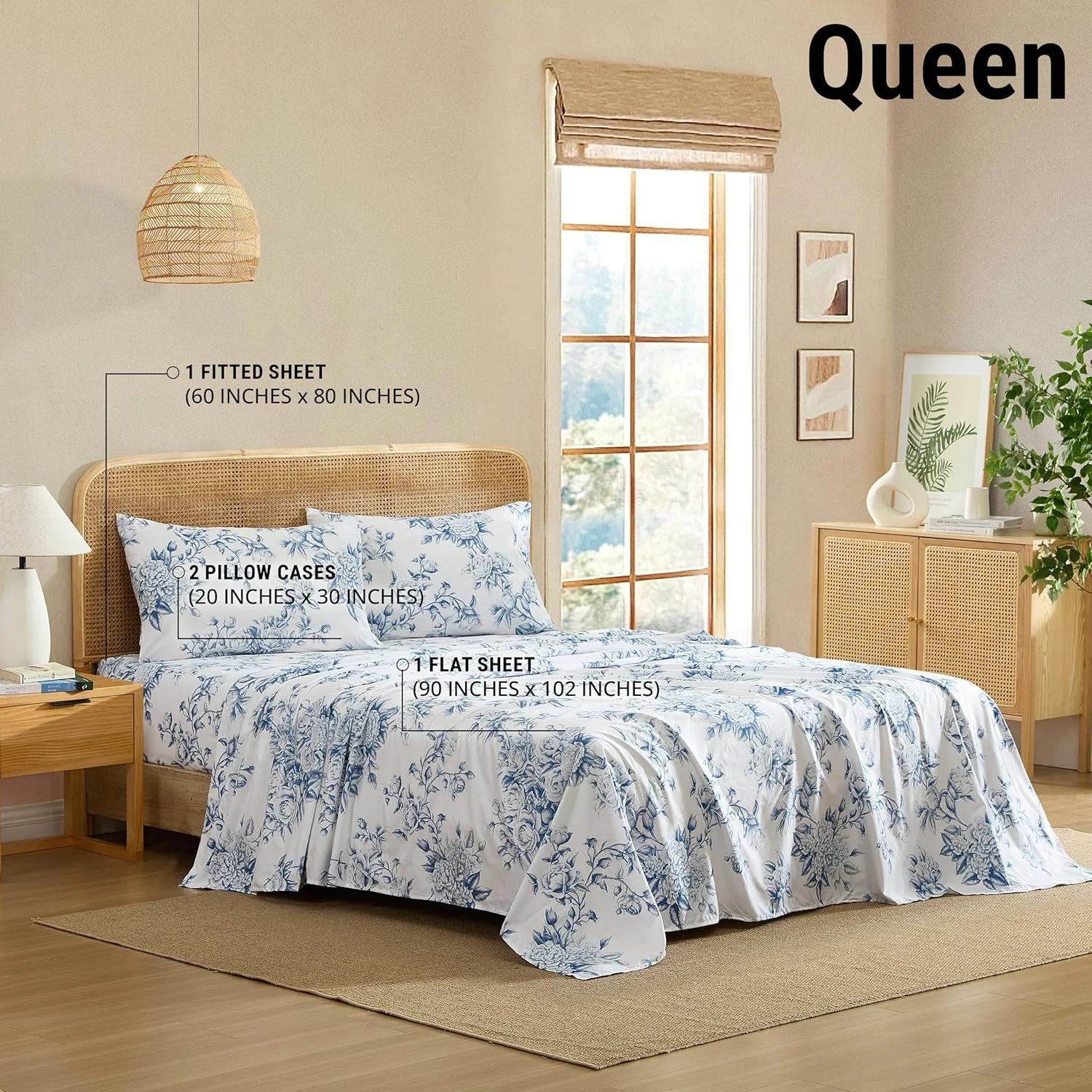 ملحفه های گلدار HLC.ME - ست ملحفه 4 تکه - مقاوم در برابر چروک و فوق العاده نرم - مناسب برای تشک تا عمق 15 اینچ (Queen, آبی)