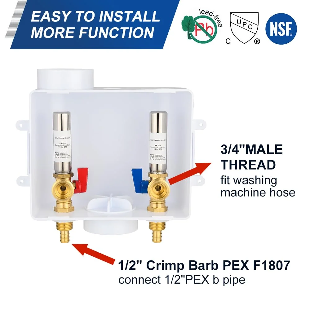 جعبه خروجی ماشین لباسشویی یونیورسال EFIELD با تخلیه مرکزی، اتصال ورودی پرسی Pex ½ اینچی با ضربه گیر چکش آب استیل (پرسی Pex)