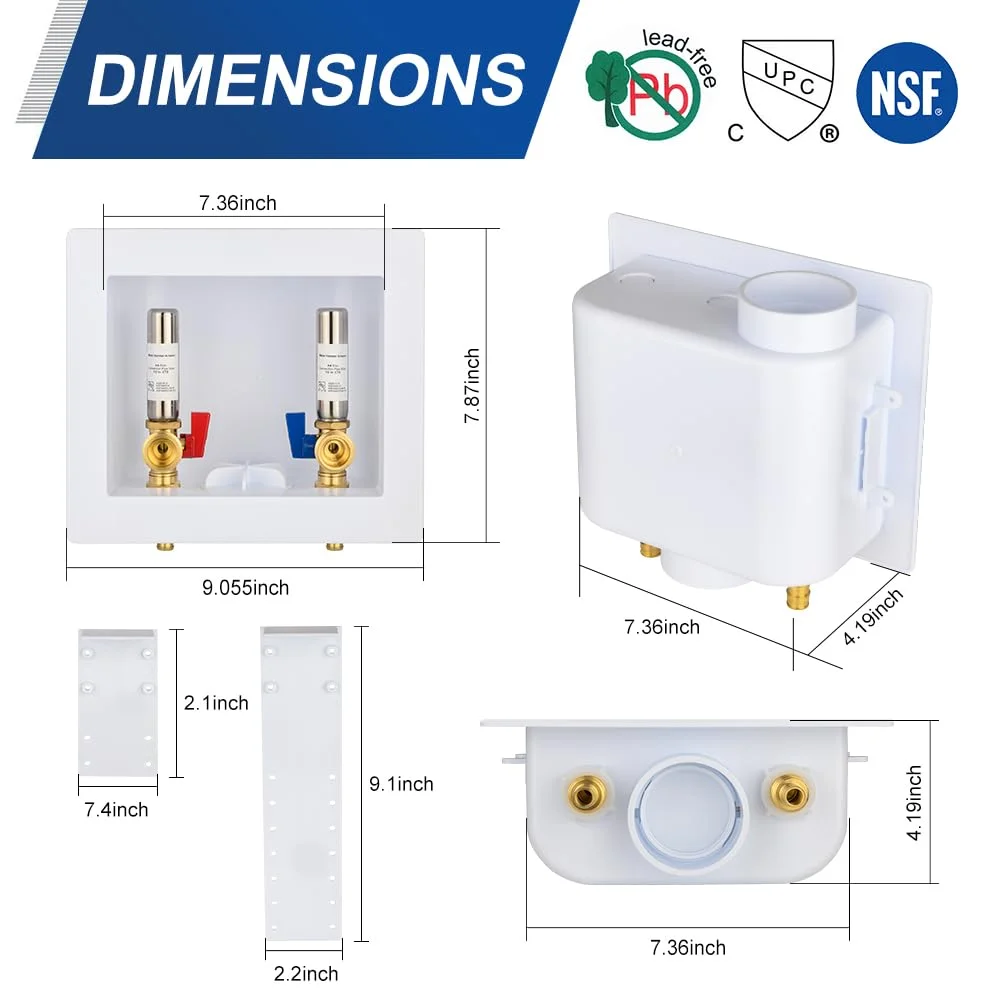 جعبه خروجی ماشین لباسشویی یونیورسال EFIELD با تخلیه مرکزی، اتصال ورودی پرسی Pex ½ اینچی با ضربه گیر چکش آب استیل (پرسی Pex)