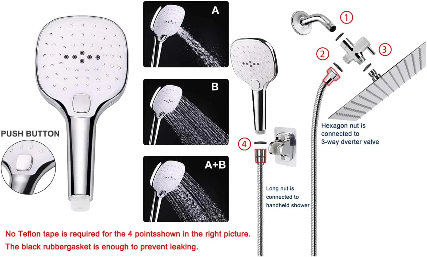 سردوش حمام NearMoon به همراه شلنگ، سردوش بارانی استیل ضد زنگ 8 اینچی فشار قوی و اسپری دستی حمام 3 حالته با کنترل جریان دکمه ای (ست سردوش مربعی) (پرداخت کروم)