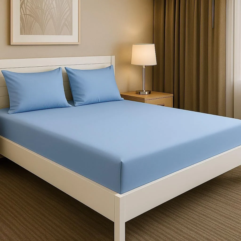 ست ملحفه کش دار یک نفره دو تکه هتل لینن کلاب - پلی کتان ممتاز 144TC، سایز (120 x 200 سانتی متر) با 1 روبالشتی (50 x 75 سانتی متر)، پارچه نرم، جیب عمیق و لبه های الاستیک برای تناسب کامل، آبی