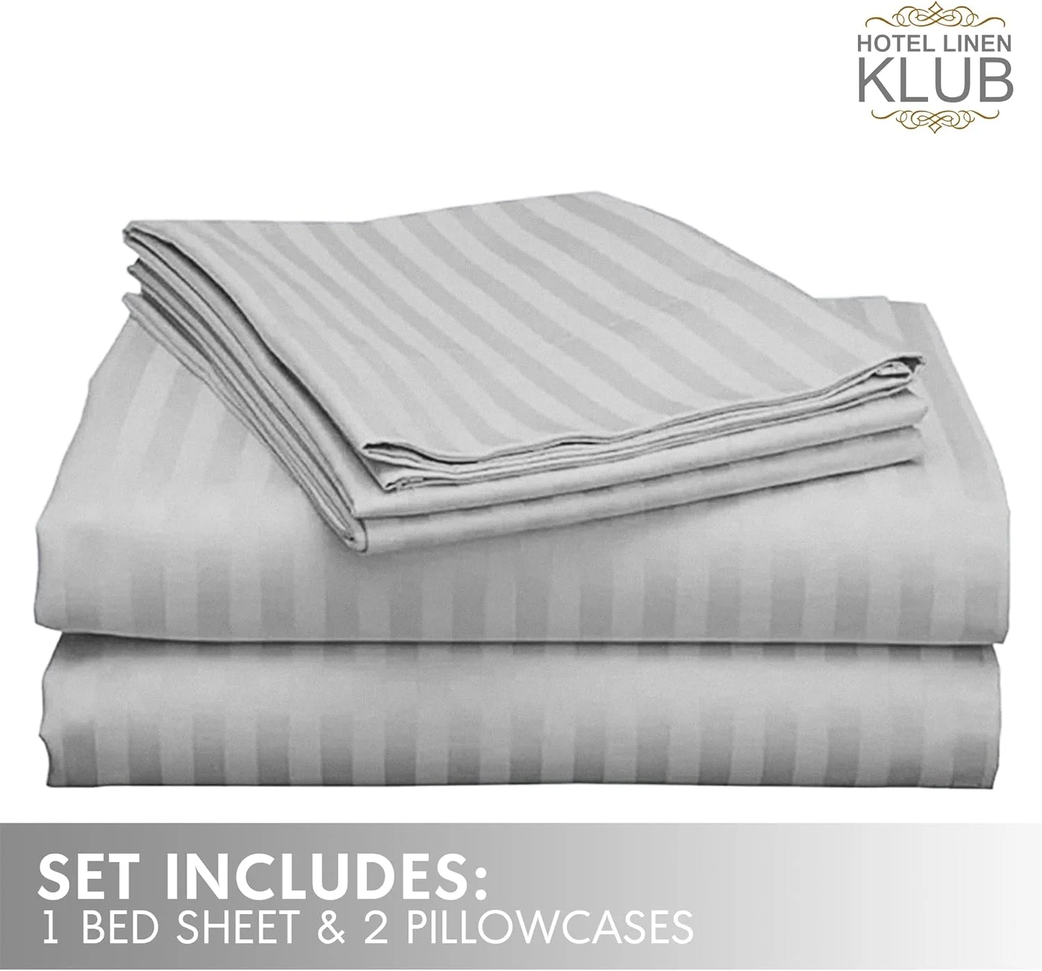 ست ملحفه هتلی کینگ Hotel Linen Klub، 3 تکه، 100% پنبه ساتن 250 نخ راه راه 1 سانتی متری، سایز: 260x280 سانتی متر + 2 عدد روبالشتی 50x75 سانتی متر، نقره ای