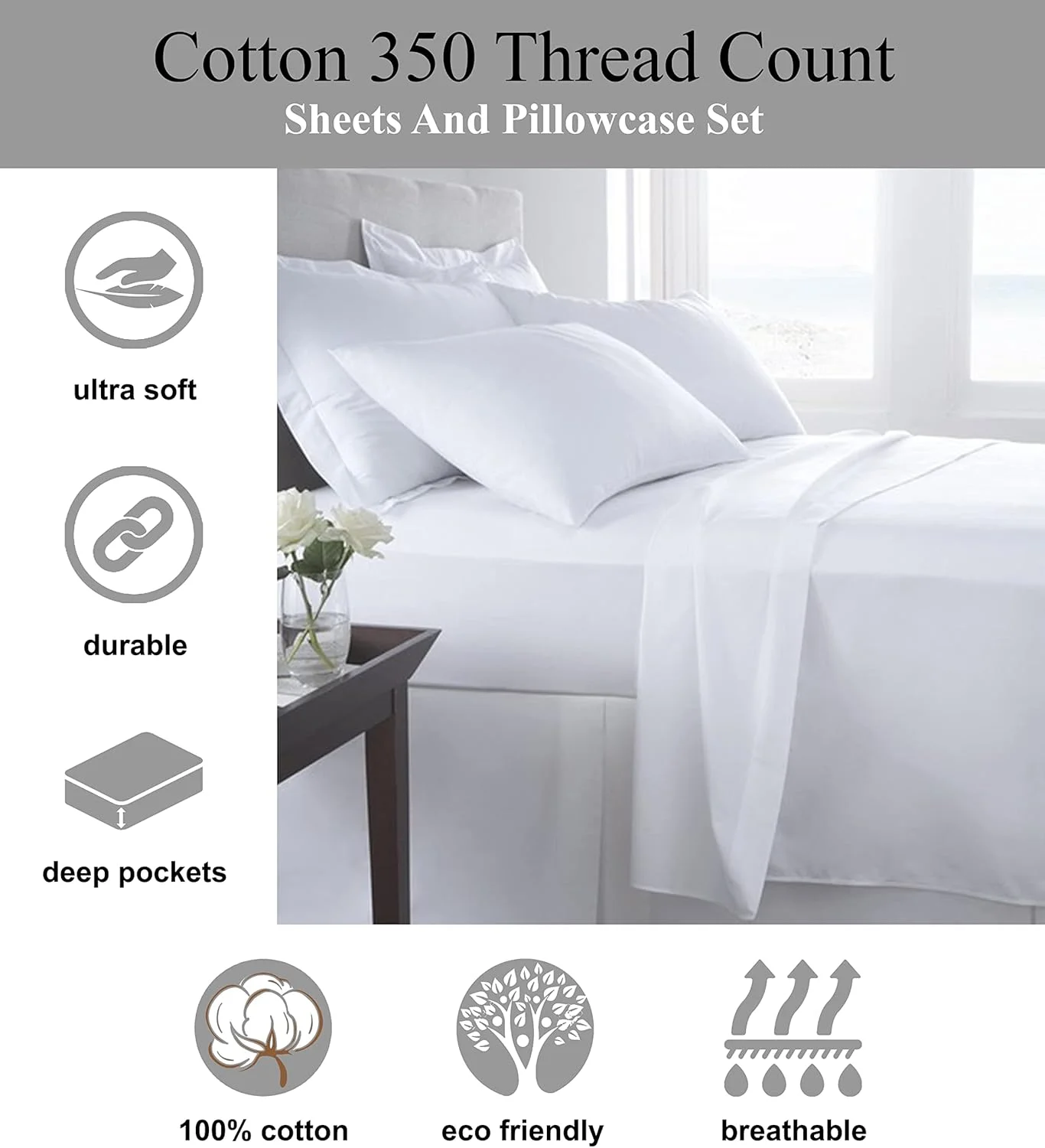 ست ملحفه تخت دو نفره 4 تکه هتل لاینن کلاب DEYARCO - 350TC ساتن 100% پنبه الیاف بلند، کیفیت لوکس، سایز: ملحفه رو 230x280 سانتی متر، ملحفه کش دار 140x200 سانتی متر، روبالشی 50 75+5 سانتی متر، سفید ساده