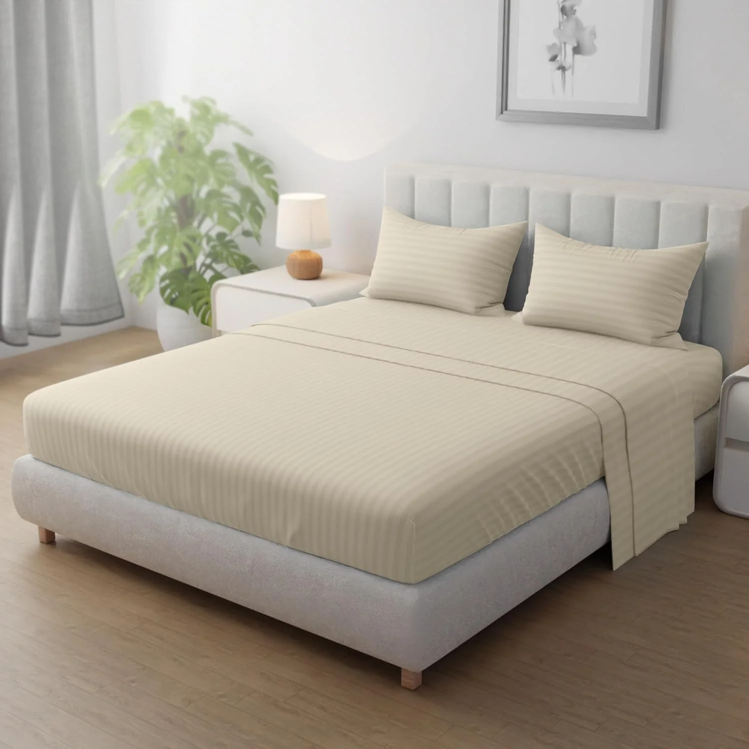 ست ملحفه کشدار هتلی راه راه میکروفایبر - سایز کینگ (180x200 سانتیمتر) + 2 روبالشی (50x75 سانتیمتر)، پارچه مخملی فوقالعاده نرم، با کیفیت ممتاز، بادوام و دارای پاکت عمیق برای تناسب کامل، بژ ست ملحفه کشدار هتلی راه راه میکروفایبر - سایز کینگ (180x200 سانتیمتر) + 2 روبالشی (50x75 سانتیمتر)، پارچه مخملی فوقالعاده نرم، با کیفیت ممتاز، بادوام و دارای پاکت عمیق برای تناسب کامل، بژ