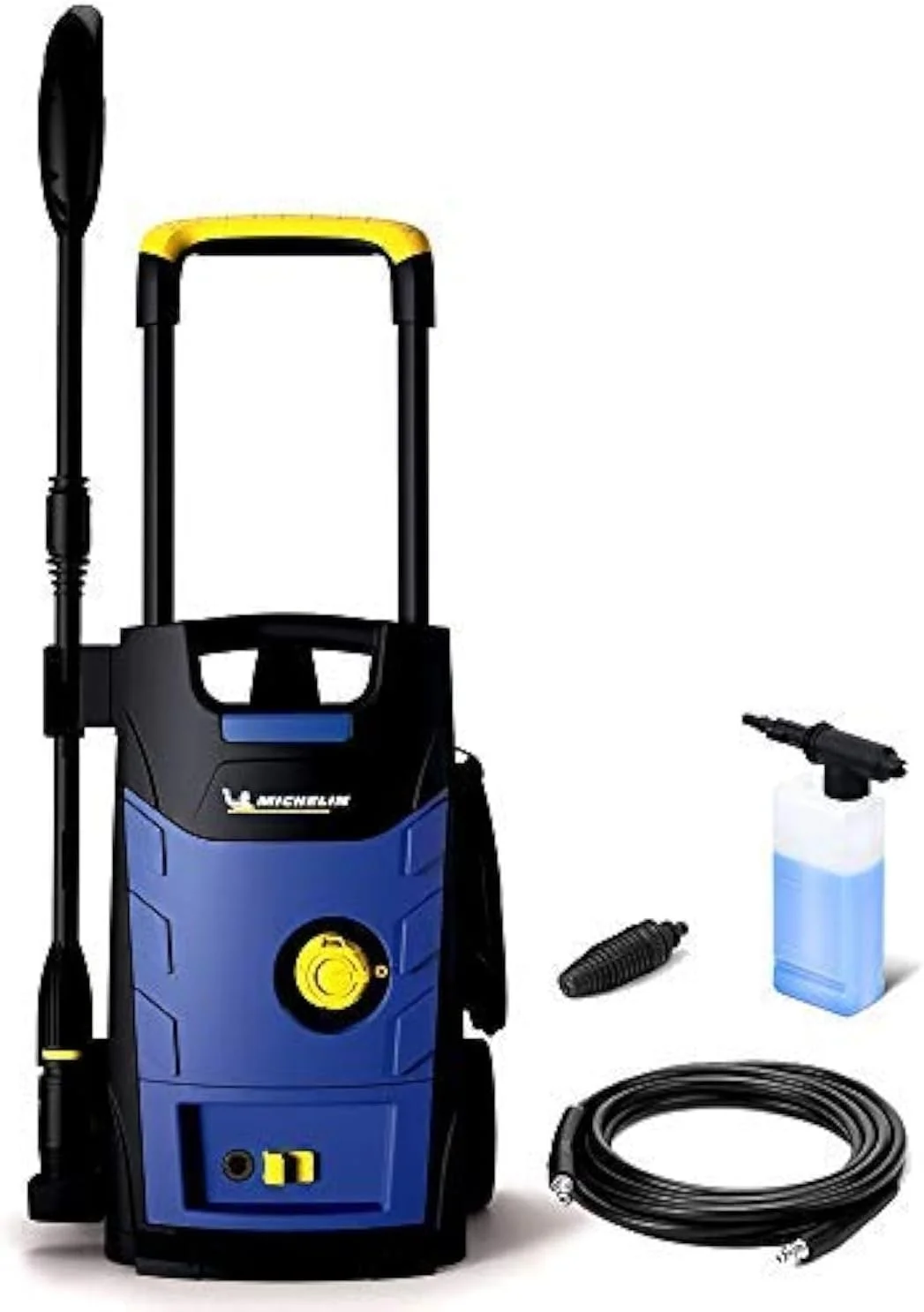 کارواش پرفشار میشلن، 125 بار، کارواش قدرتمند برای خودرو، دوچرخه، سطوح بیرونی، جمع و جور، شامل نازل ها، کارآمد، مشکی و آبی