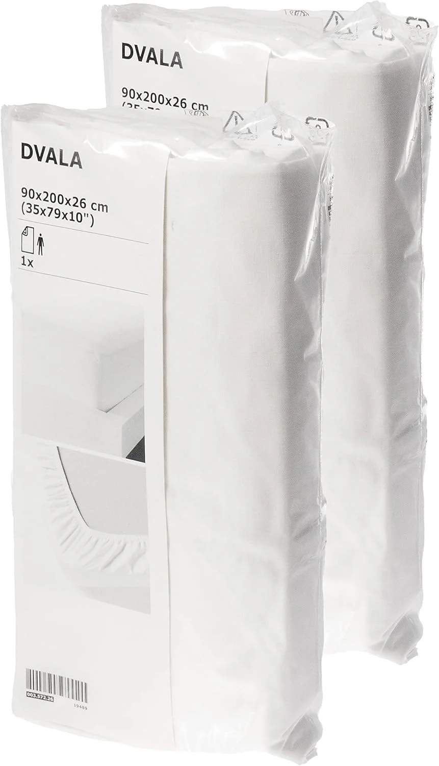ملحفه کش دار سفید ایکیا مدل DVALA، یک نفره اروپا سایز 90 در 190 سانتی متر، سایز اروپا، 100% پنبه - بسته 2 عددی