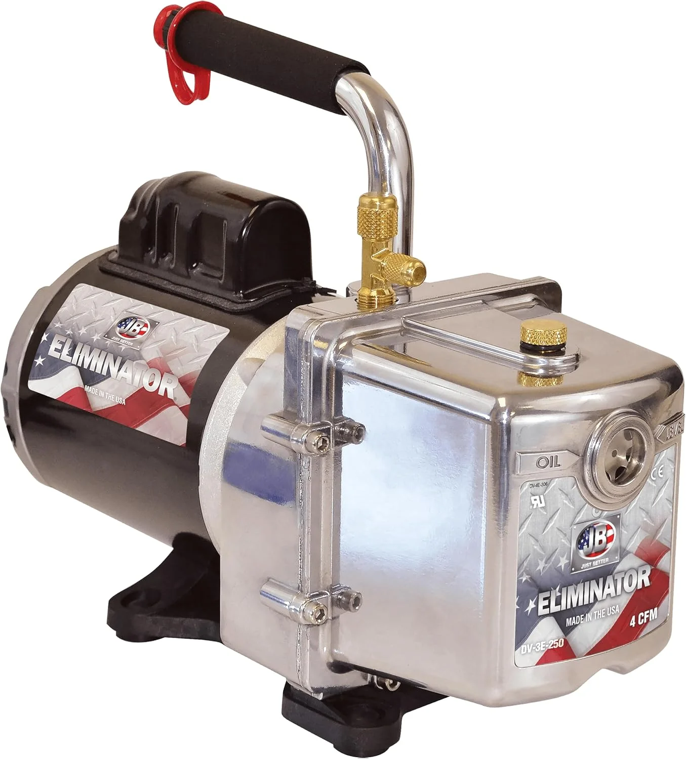 پمپ وکیوم دو مرحله ای JB 3 CFM ELIMINATOR با ولتاژ دوگانه، موتور 1/2 اسب بخار 1725 دور در دقیقه، برای سرویس تهویه مطبوع HVAC، ساخت ایالات متحده آمریکا، محصول JB شماره DV-3E-250UK