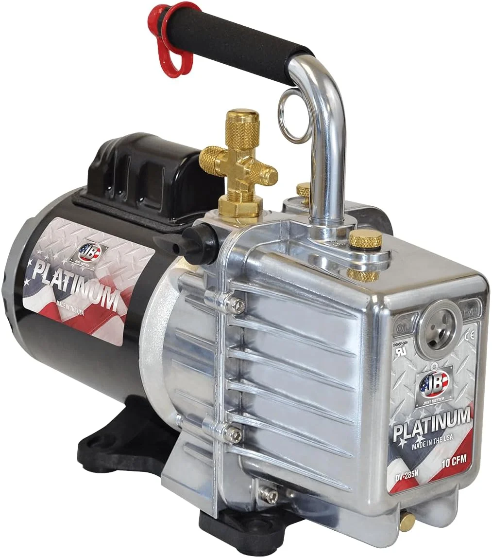 پمپ وکیوم دو ولتاژ سری پلاتینیوم JB با ظرفیت 10 CFM، دو مرحله ای با درایو مستقیم و خازن استارت 1/2 اسب بخار و محافظت از اضافه بار حرارتی، برای سرویس HVAC، ساخت ایالات متحده آمریکا، محصول JB شماره DV-285N-250UK