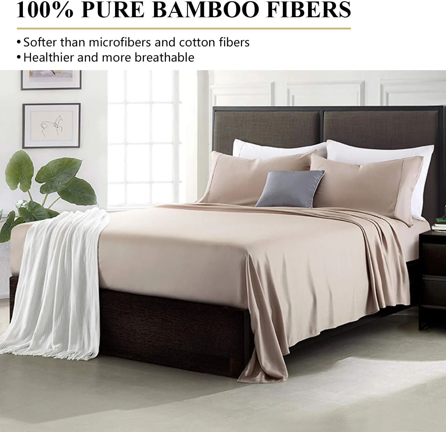 ست ملحفه پنبه ای آی باما با روبالشی 4 تکه شامل 1 ملحفه کش دار، 2 روکش بالش، 1 ملحفه تخت، قابل تنفس و شستشو با ماشین لباسشویی سایز کوئین، قهوه ای روشن 01، Bsheet-Queen01