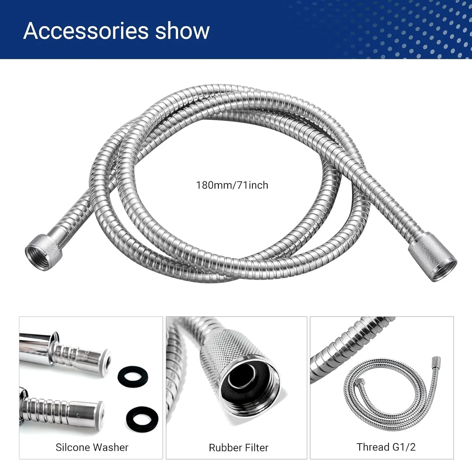 شلنگ دوش 180 سانتی‌متری JOMOO، شلنگ جایگزین استیل ضد زنگ انعطاف‌پذیر برای دوش دستی، فوق‌العاده بلند، کروم