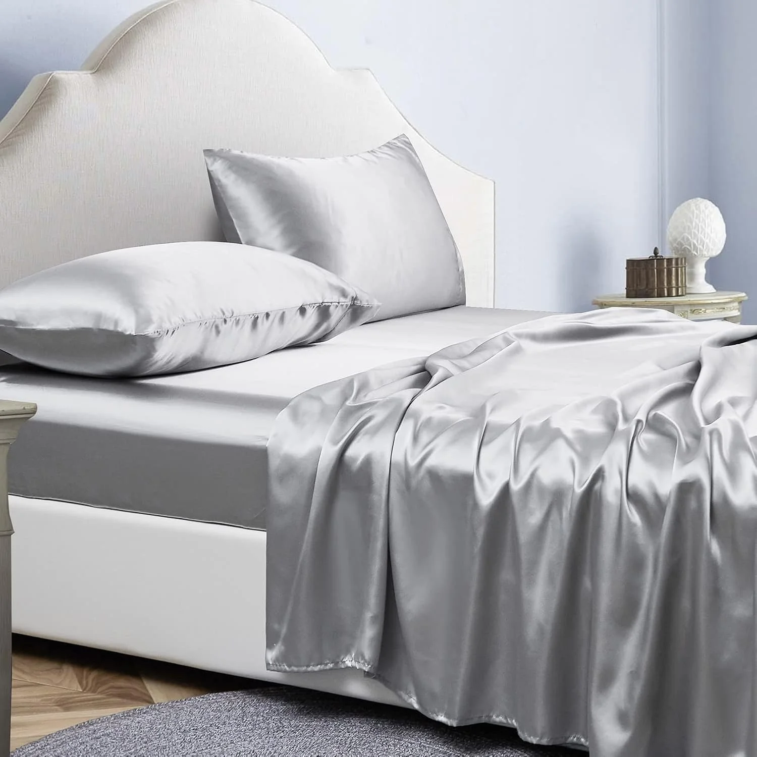 ست ملحفه ساتن یک نفره Jemiipee، رنگ ساده، 90 x 190 x 36 سانتی متر، ملحفه کش دار، 1 روبالشی، ست روتختی 3 تکه ساتن، خاکستری روشن