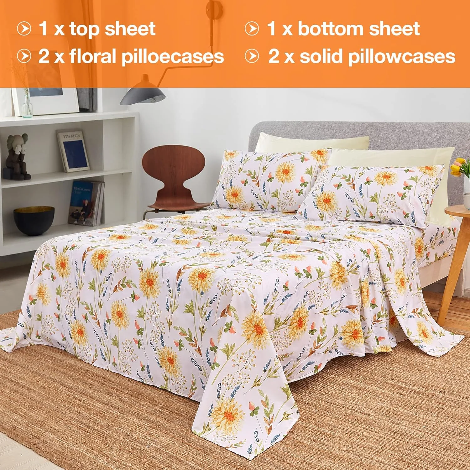 ست ملحفه 6 تکه طرح گل زرد JSD سایز کوئین، ملحفه و روبالشی های میکروفایبر نرم با طرح گیاهی و جیب عمیق ست ملحفه 6 تکه طرح گل زرد JSD سایز کوئین، ملحفه و روبالشی های میکروفایبر نرم با طرح گیاهی و جیب عمیق