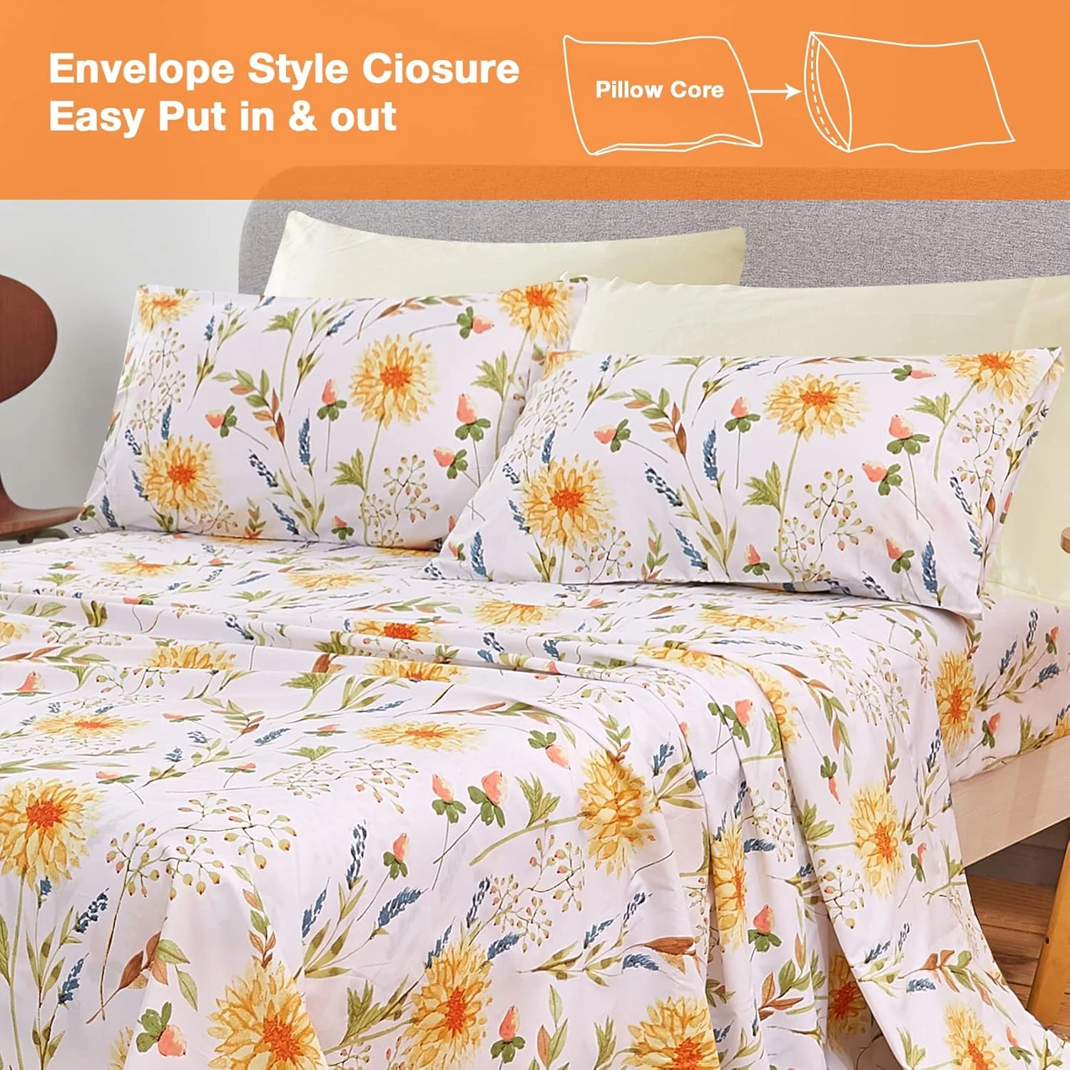 ست ملحفه 6 تکه طرح گل زرد JSD سایز کوئین، ملحفه و روبالشی های میکروفایبر نرم با طرح گیاهی و جیب عمیق ست ملحفه 6 تکه طرح گل زرد JSD سایز کوئین، ملحفه و روبالشی های میکروفایبر نرم با طرح گیاهی و جیب عمیق