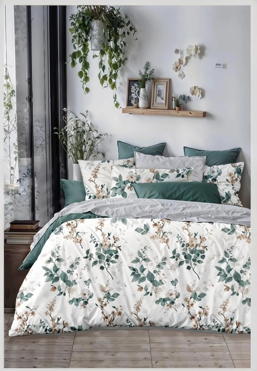 ست ملحفه تختخواب سایز کینگ – ۱ ملحفه تخت (۲۷۰x۲۵۰ سانتی متر) + ۲ روبالشتی (۷۵x۵۰ سانتی متر) – سفید با طرح گیاهی سبز – میکروفایبر نرم، مقاوم در برابر چروک و مراقبت آسان