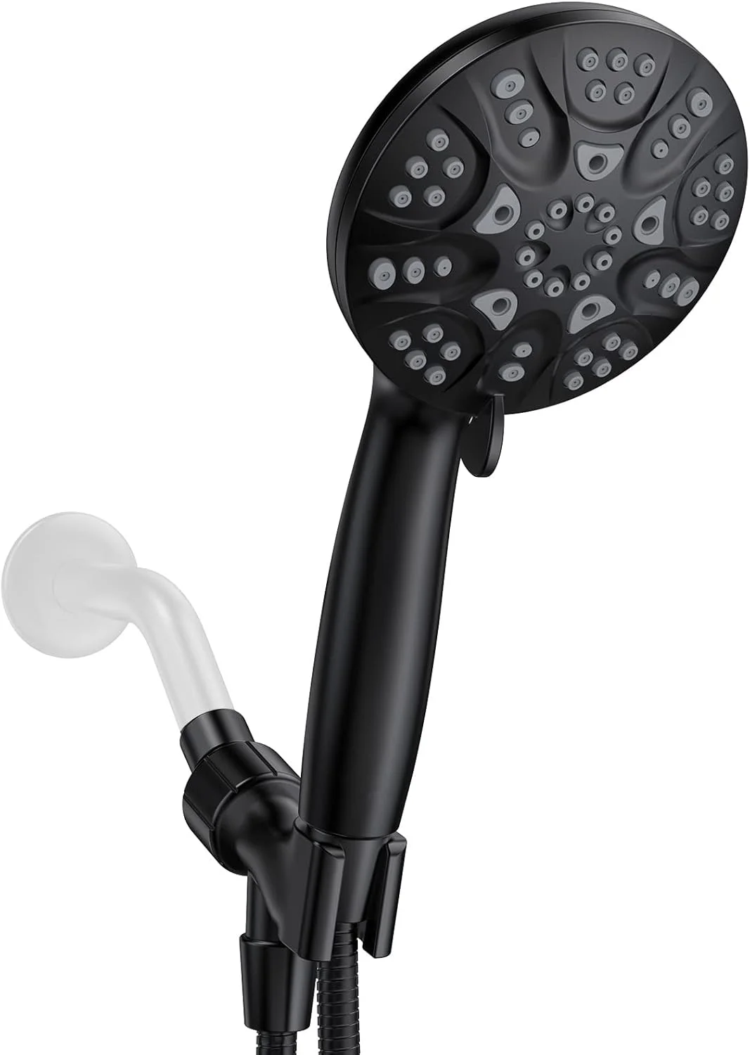 سردوش دستی پرفشار Hopopro، سردوش دستی با 6 حالت پاشش، سردوش بارانی دستی 4.3 اینچی با جریان بالا به همراه شلنگ استیل ضد زنگ و پایه قابل تنظیم (مشکی مات)