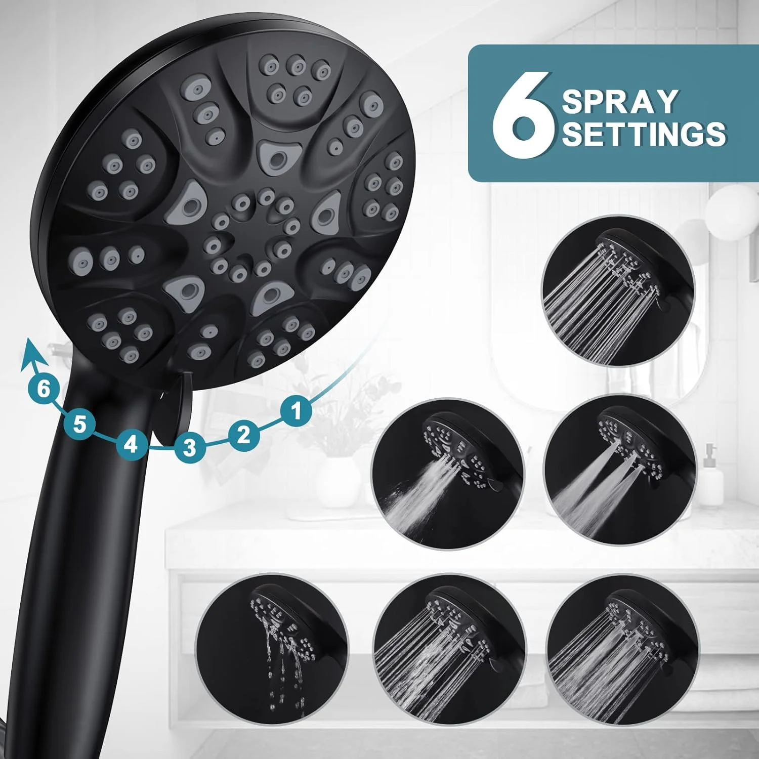 سردوش دستی پرفشار Hopopro، سردوش دستی با 6 حالت پاشش، سردوش بارانی دستی 4.3 اینچی با جریان بالا به همراه شلنگ استیل ضد زنگ و پایه قابل تنظیم (مشکی مات)