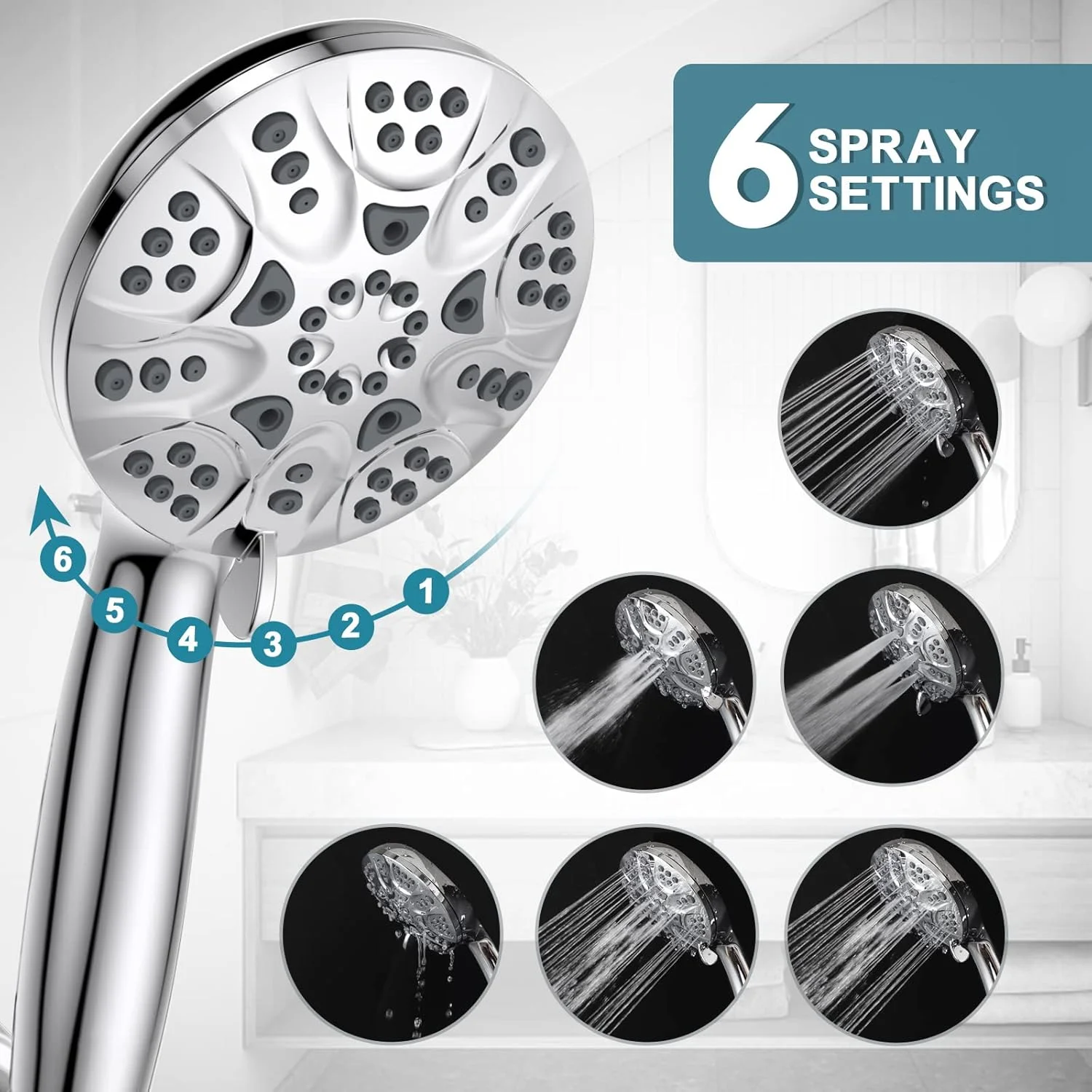 دوش دستی پرفشار Hopopro، سردوش با 6 حالت پاشش به همراه شلنگ استیل ضد زنگ 4.3 اینچی، پایه قابل تنظیم (کروم)