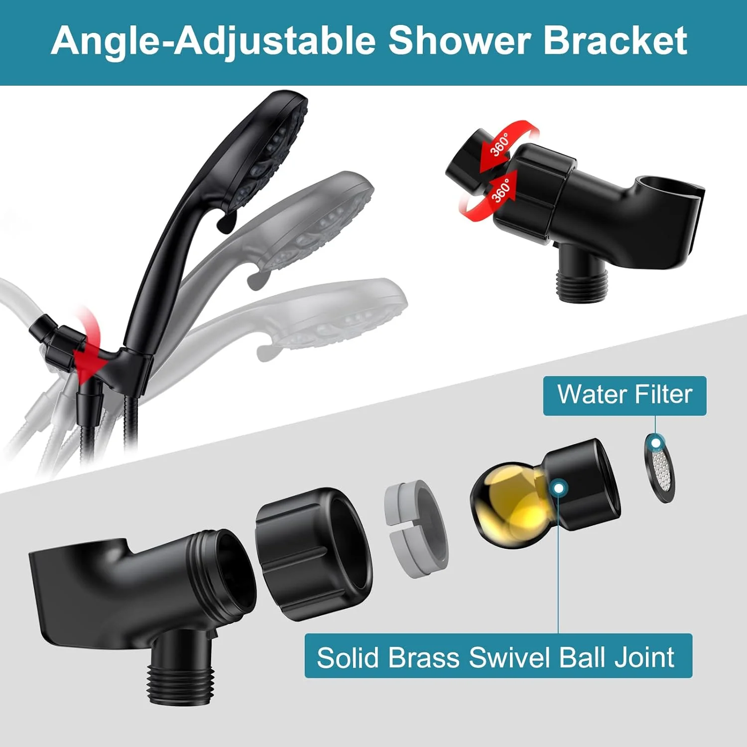 سردوش دستی پرفشار Hopopro، سردوش دستی با 6 حالت پاشش، سردوش بارانی دستی 4.3 اینچی با جریان بالا به همراه شلنگ استیل ضد زنگ و پایه قابل تنظیم (مشکی مات)