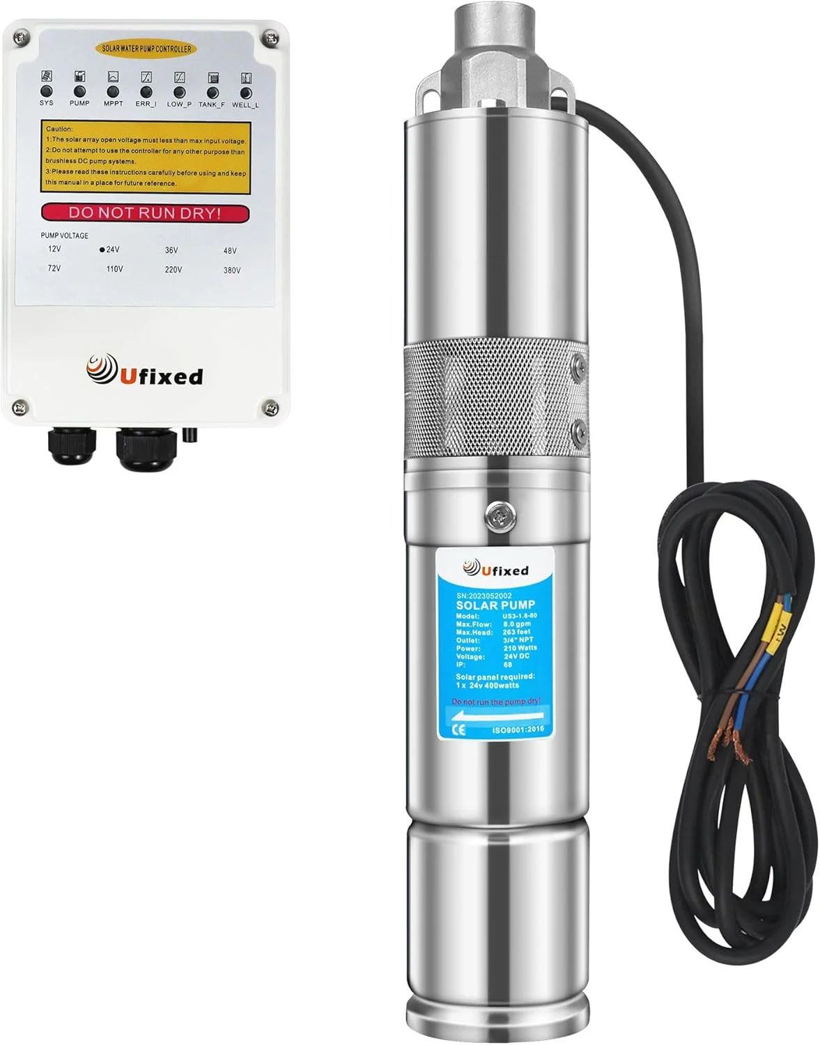 پمپ آب خورشیدی چاه عمیق Ufixed با کنترلر MPPT، پمپ آب 24 ولت، 5.7GPM، ارتفاع 165 فوت، خروجی 3/4 اینچ، توان 120 وات، پمپ آب خورشیدی استیل ضد زنگ، پمپ شناور، پمپ چاه عمیق، پمپ خورشیدی صرفه جویی در انرژی