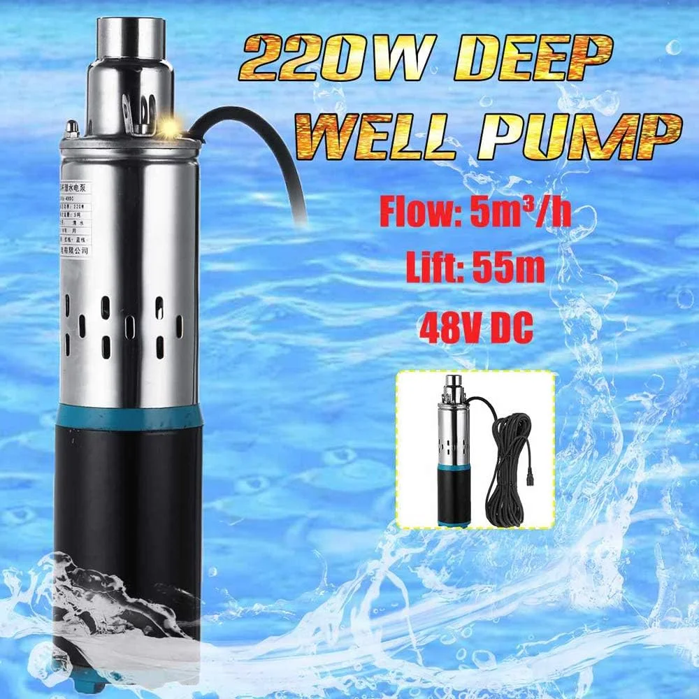 پمپ آب چاه عمیق خورشیدی 48 ولت 220 وات 55 متری DC پیچی شناور برای آبیاری باغ خانه کشاورزی