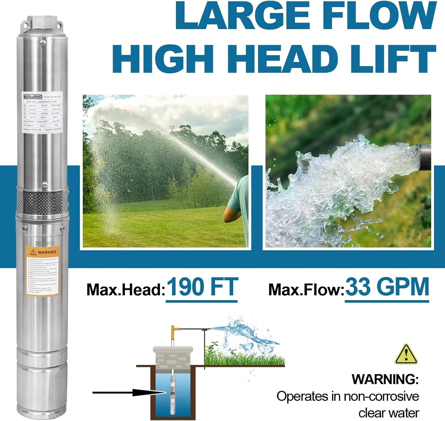 پمپ شناور چاه عمیق 4 اینچی WASSERMANN با کابل 3 متری، 1 اسب بخار، 230 ولت/60 هرتز، 33GPM، ارتفاع 58 متر، پمپ های آب چاهی شناور استیل ضد زنگ برای کارخانه ها، زمین های کشاورزی، مصارف آبیاری پمپ شناور چاه عمیق 4 اینچی WASSERMANN با کابل 3 متری، 1 اسب بخار، 230 ولت/60 هرتز، 33GPM، ارتفاع 58 متر، پمپ های آب چاهی شناور استیل ضد زنگ برای کارخانه ها، زمین های کشاورزی، مصارف آبیاری