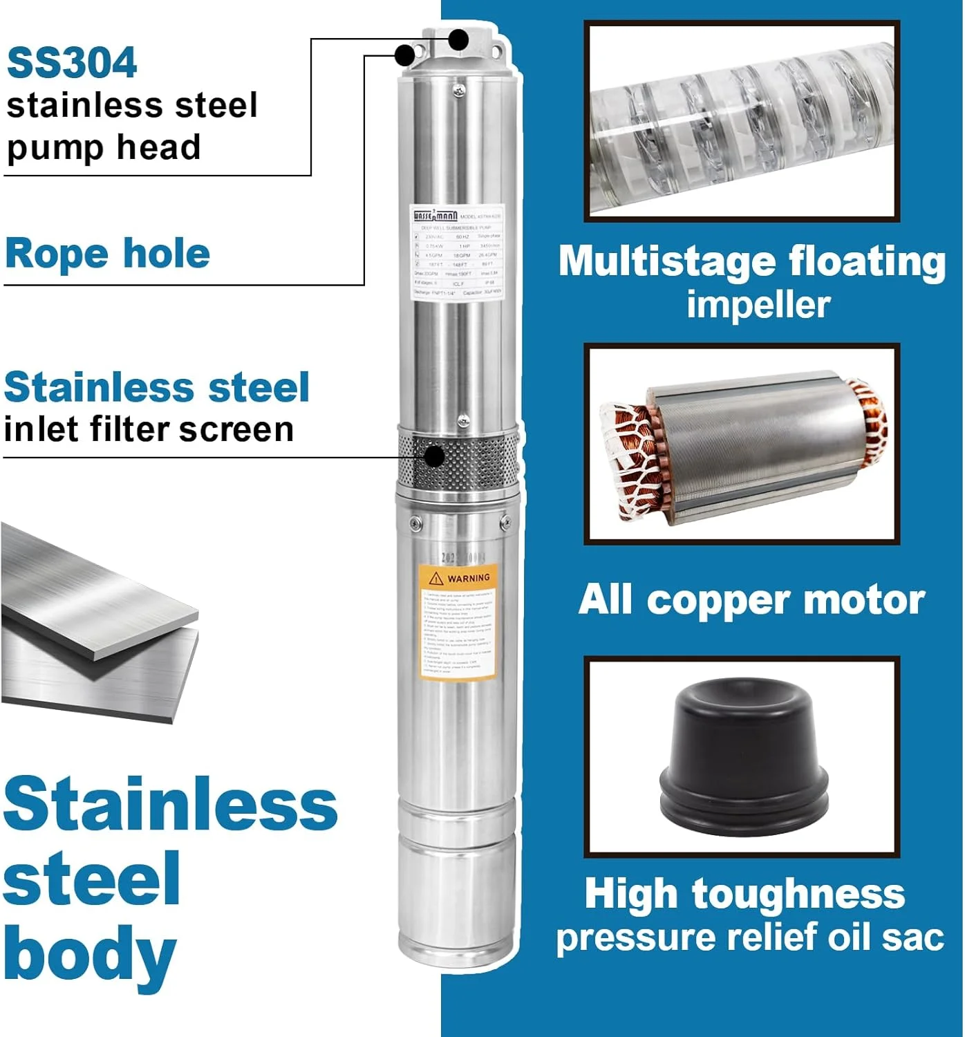 پمپ شناور چاه عمیق 4 اینچی WASSERMANN با کابل 3 متری، 1 اسب بخار، 230 ولت/60 هرتز، 33GPM، ارتفاع 58 متر، پمپ های آب چاهی شناور استیل ضد زنگ برای کارخانه ها، زمین های کشاورزی، مصارف آبیاری پمپ شناور چاه عمیق 4 اینچی WASSERMANN با کابل 3 متری، 1 اسب بخار، 230 ولت/60 هرتز، 33GPM، ارتفاع 58 متر، پمپ های آب چاهی شناور استیل ضد زنگ برای کارخانه ها، زمین های کشاورزی، مصارف آبیاری